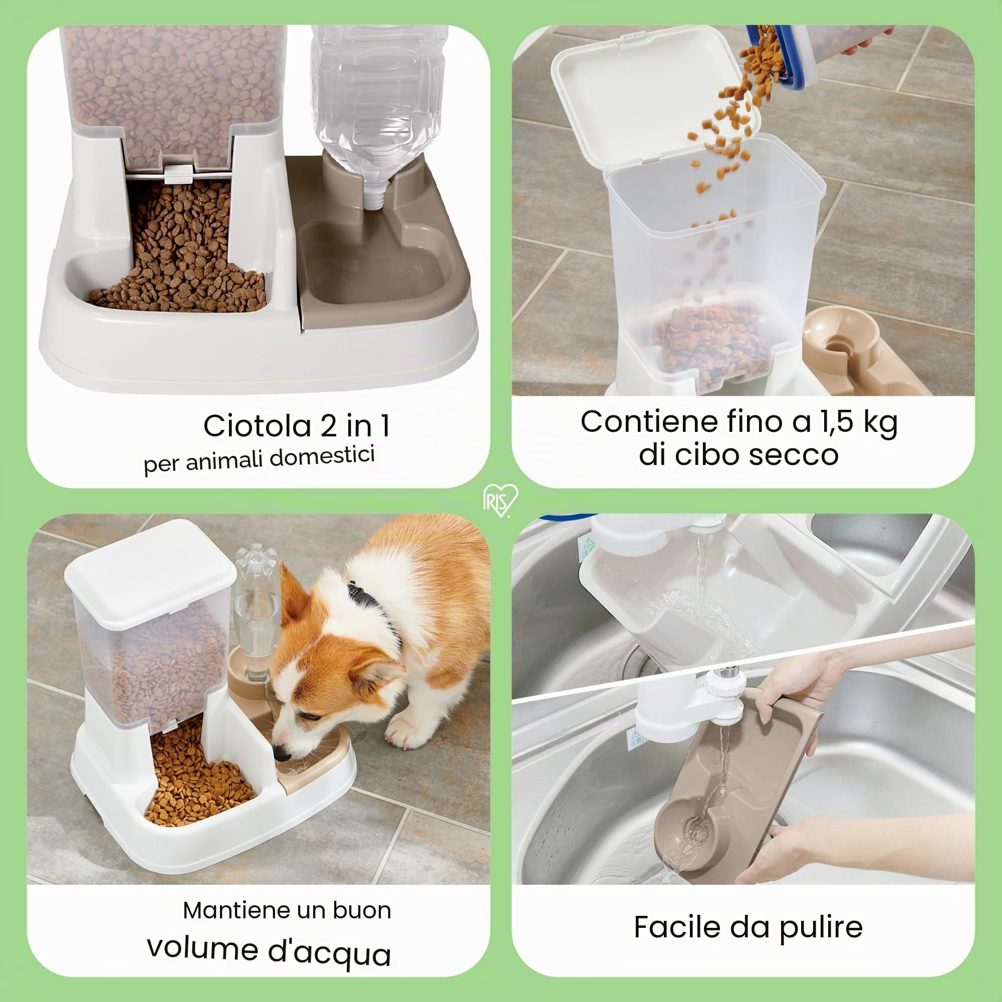 Iris Ohyama, Dosatore acqua (2 L) e cibo (1.5 kg) regolatore di approvvigionamento idrico, portello regolazione crocchette, coperchio asportabile per cane e gatto - Pet Food Feeder JQ-350, Bianca