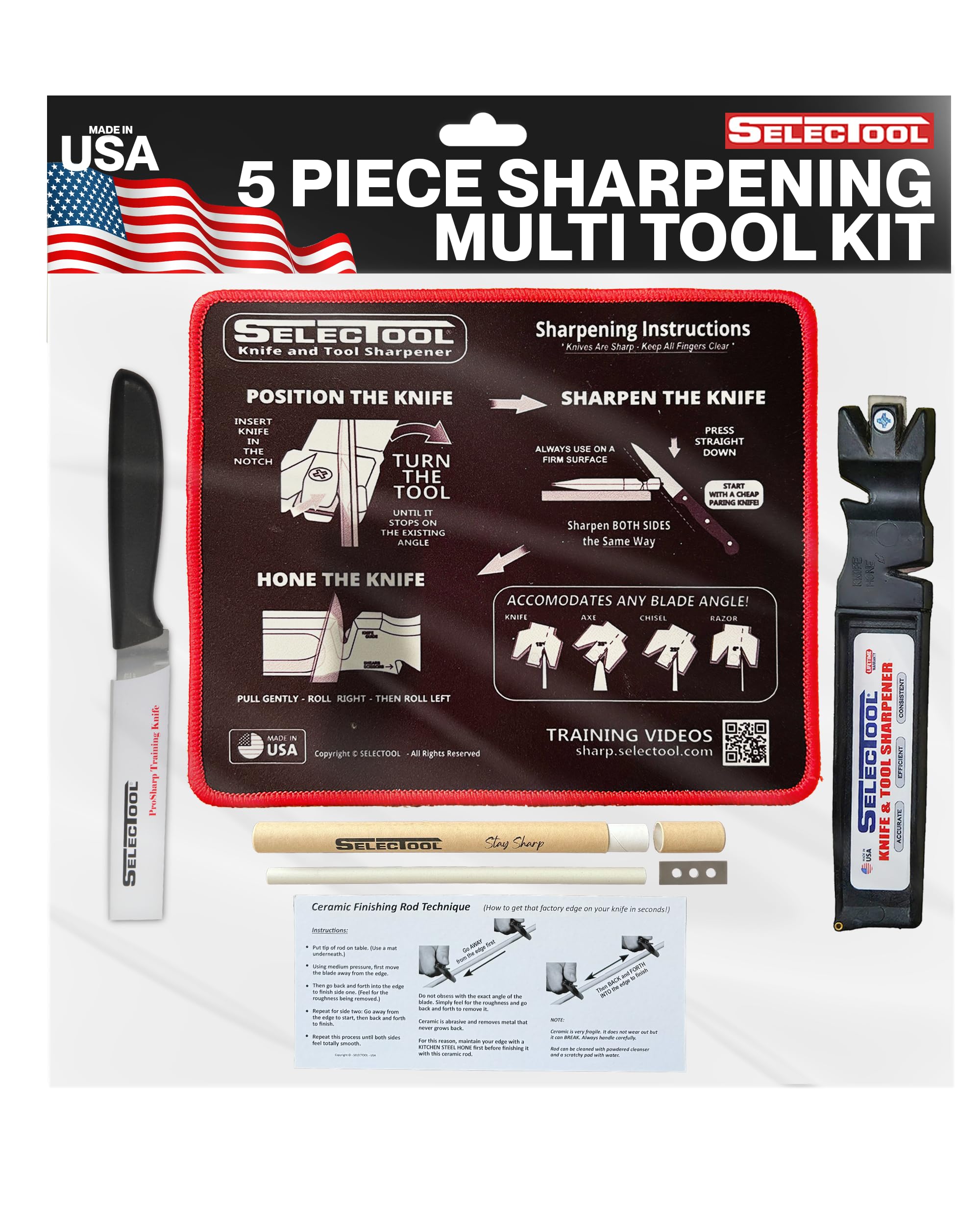 Selectool Tool and Knife Sharpener MultiTool Blade Sharpener for Kitchen Knives, Pocket Knife, Tools, Scissors, Axes & More, EDC Gadgets for Outdoor Hunting and Fishing, Effortless, Made in USA, 5 pcs