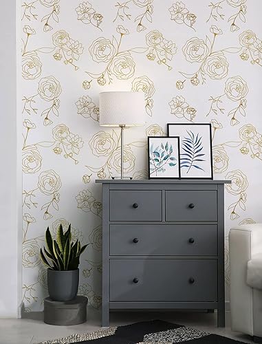 Miniatura 2 de Papel tapiz dorado y blanco, papel tapiz floral, autoadhesivo, extraíble, para paredes que cubren rollos de vinilo de 196 x 17.3 pulgadas