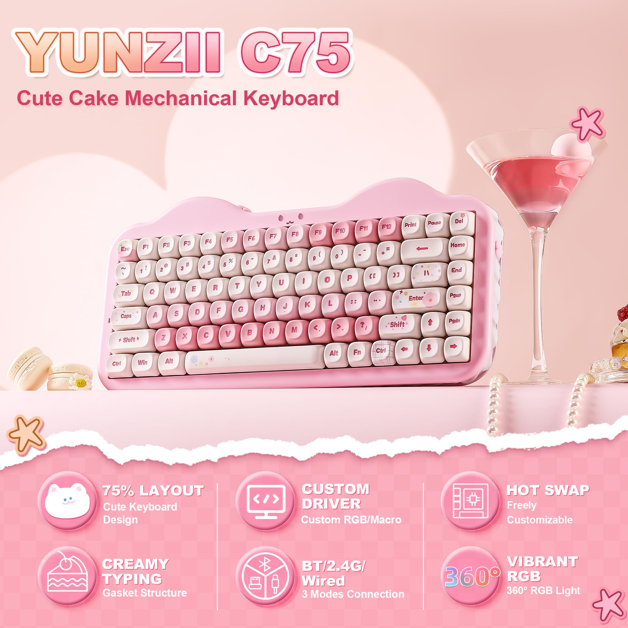 YUNZII C75 ピンク キーボード 本体 Amazon | YUNZII C75 ワイヤレス メカニカルキーボード 75