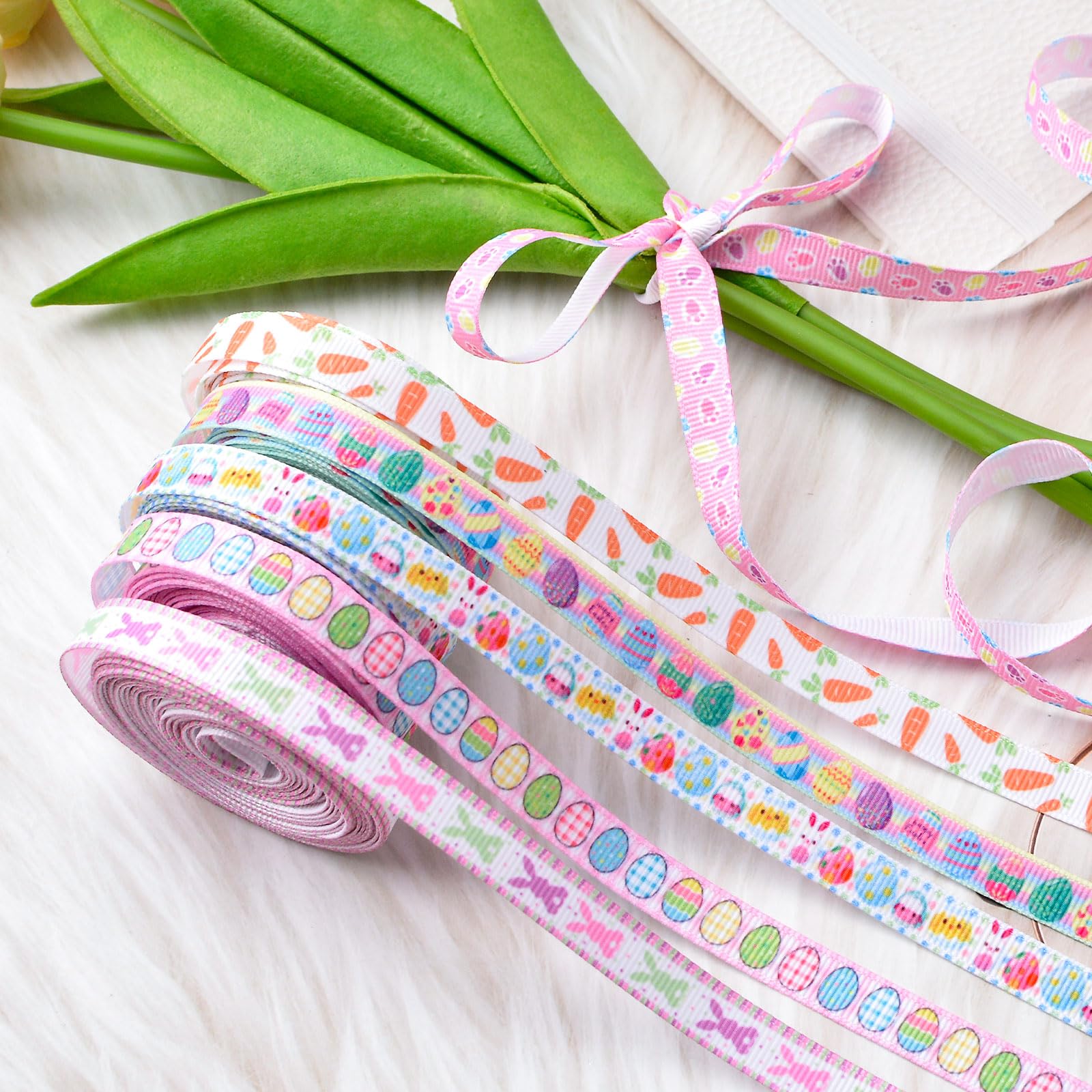 Whaline Lot De 6 Rouleaux De Ruban De Pâques à Bords Métalliques De 27,7 M - Œuf De Pâques, Lapin, Carotte, Camion, Gnome, Ruban Décoratif Pour Emballage Cadeau, Nœud Pour Cheveux, Couture
