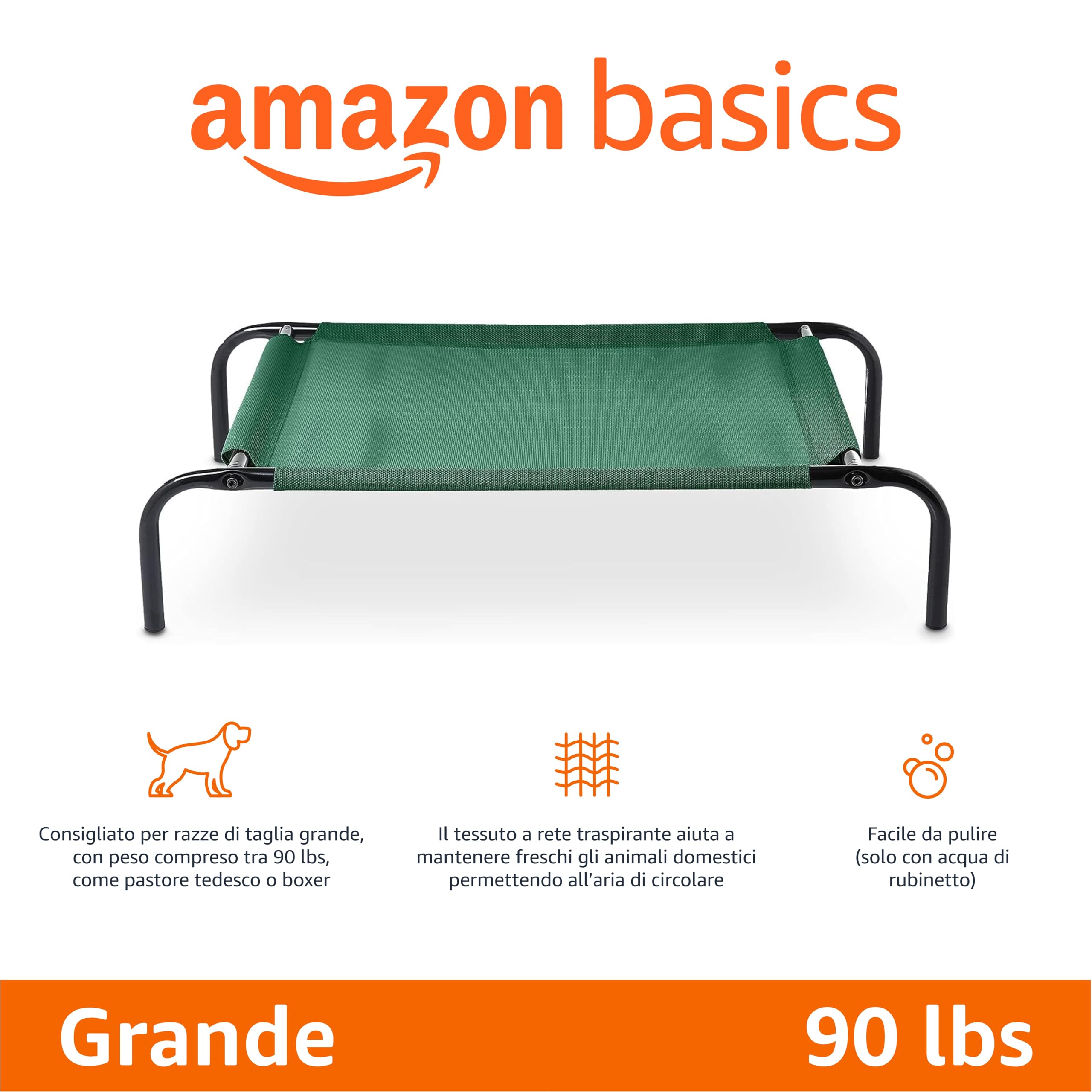 Amazon Basics Per Cani, Lettino rialzato rinfrescante per animali domestici, Stoffa, Verde, Misura L, L 130 x P 80 x H 19 cm