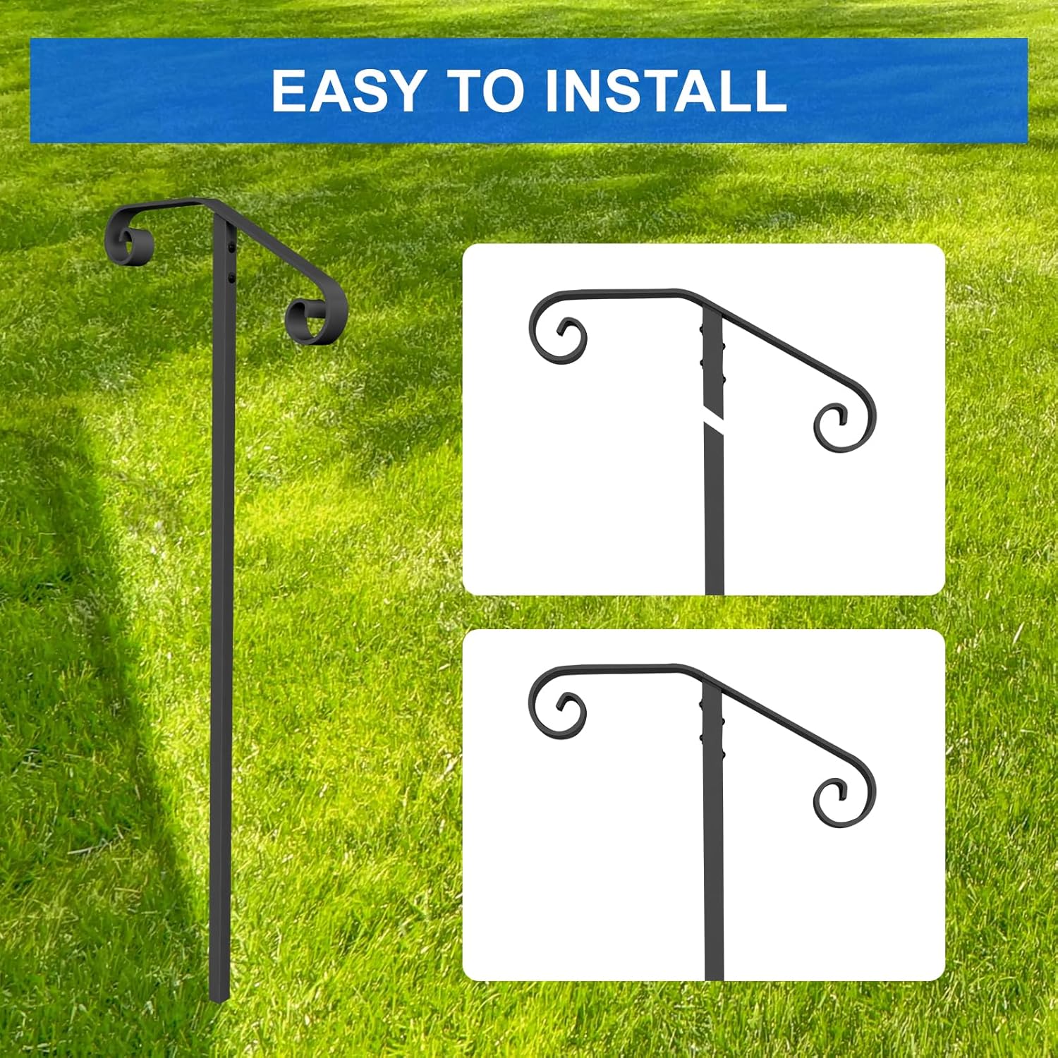 handrails for Outdoor Steps Single Post Handrails for Outdoor Steps Wrought Iron Single Post Handrail, Ground Long Post Fits 1 or 2 Steps Grab Rail Single Post Railing (1pcs Black)