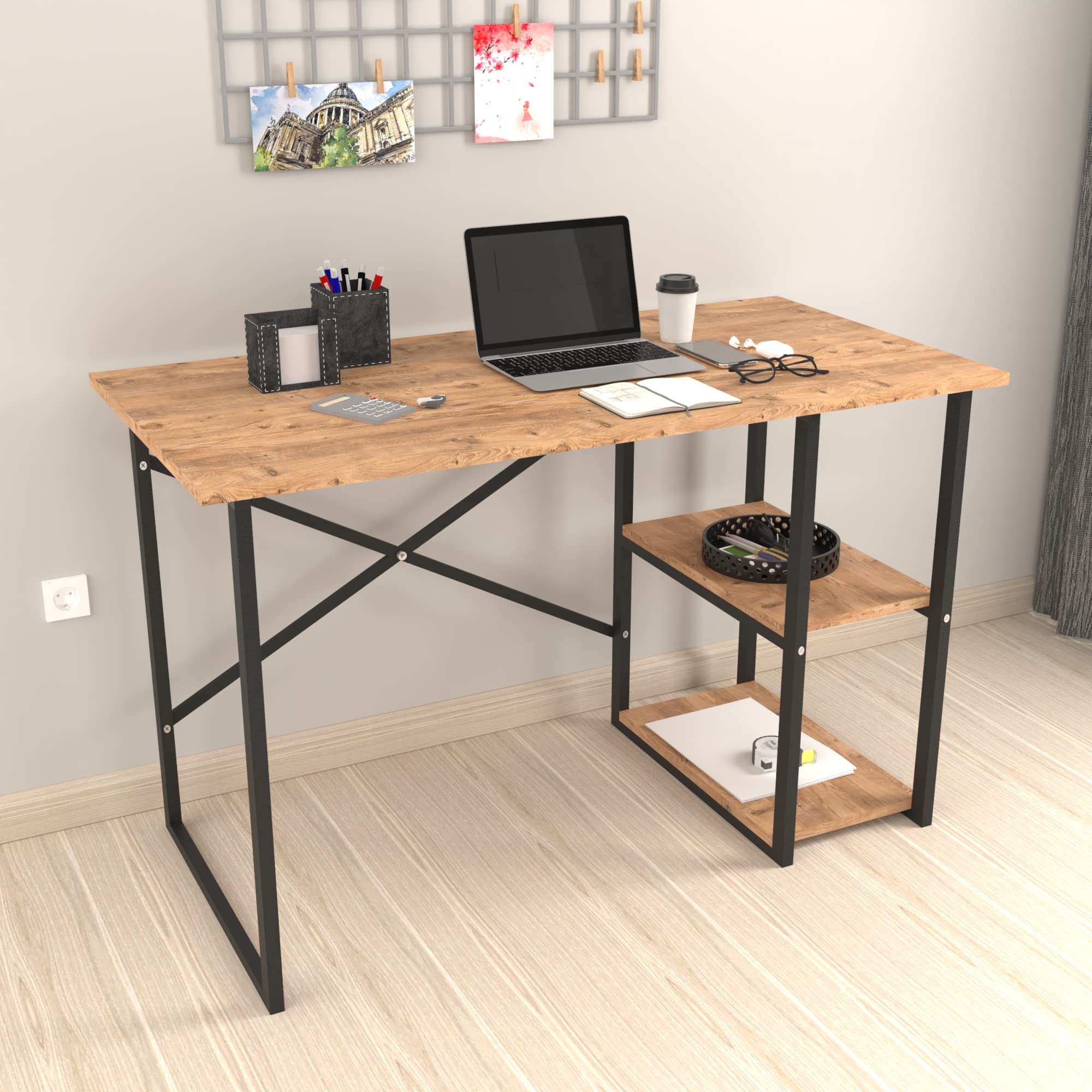 [en.casa] Scrivania con 2 Ripiani Laterali (AxLxP) 75 x 120 x 60 cm Postazione di Lavoro Tavolo da Studio con Telaio in Metallo Nero e Piani in Effetto Rovere