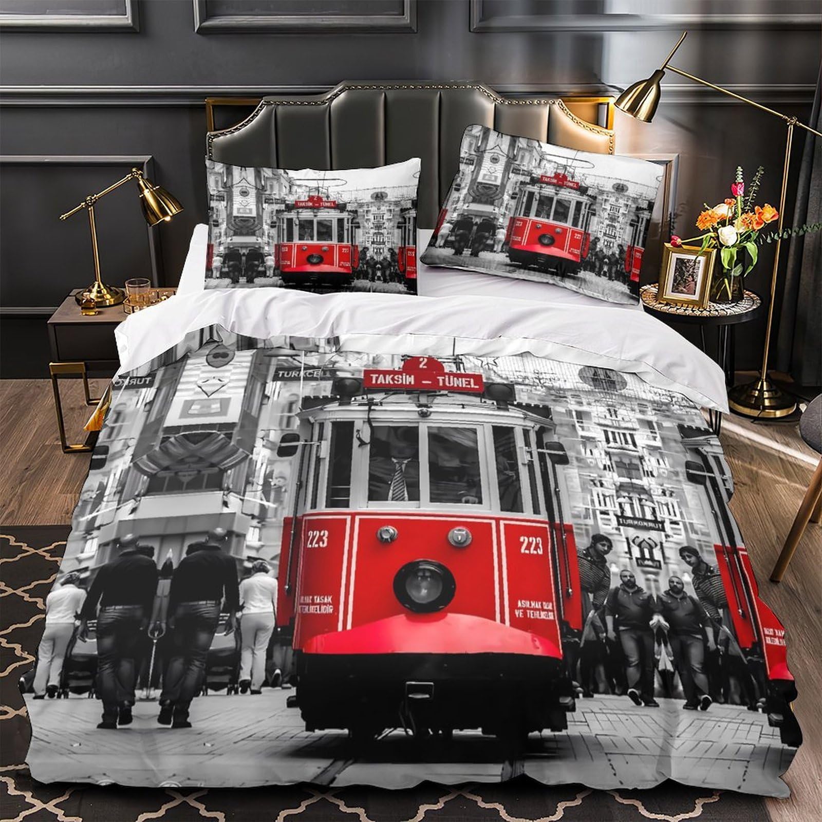Parure de lit tramway rouge en microfibre 135x200 pour chambre d'enfant