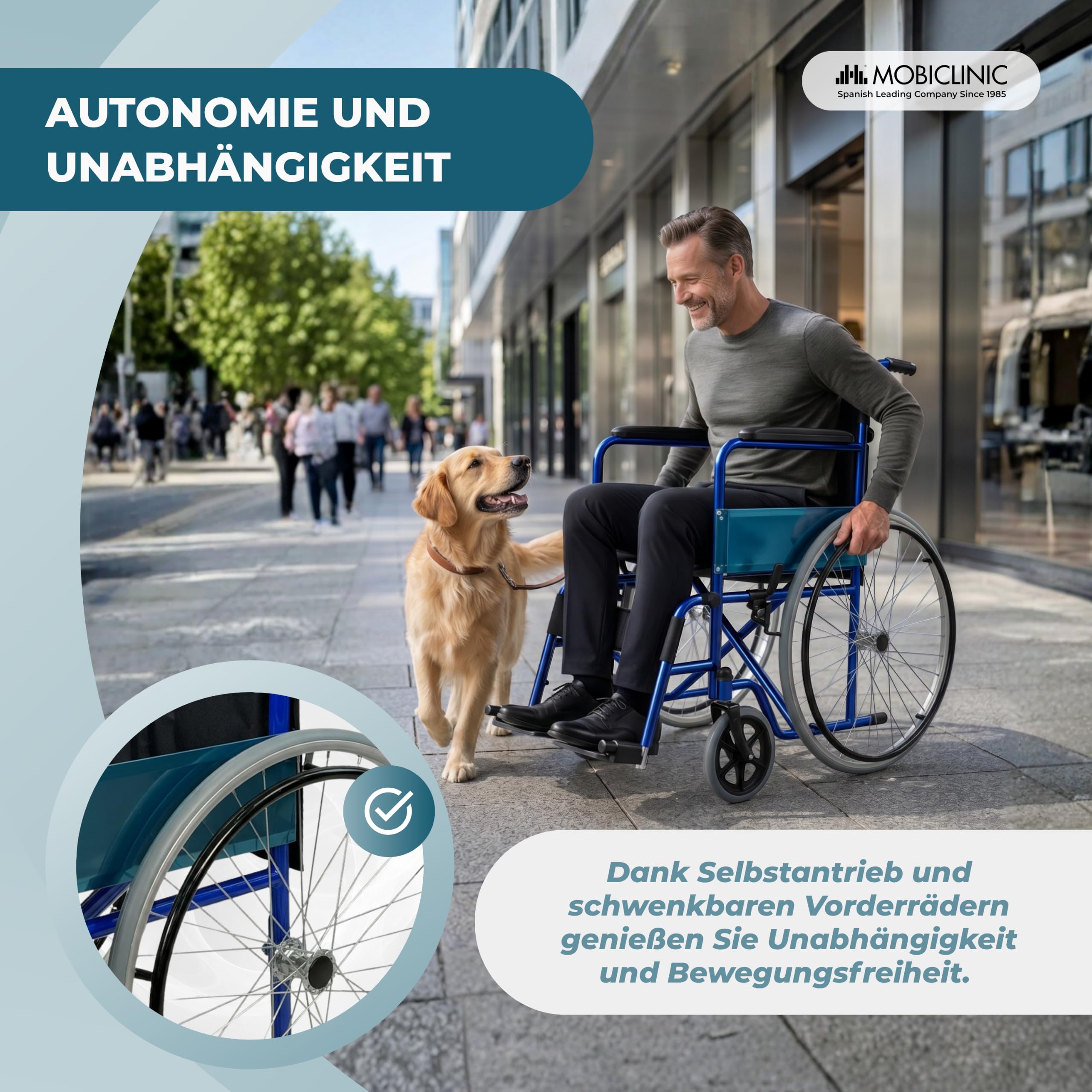 Mobiclinic®, Faltrollstuhl, Alcázar, Europäische marke, Sitz 46 cm, Manuelle bremse, Feste armlehnen und klappbare fußstützen, Farbe: blau/schwarz
