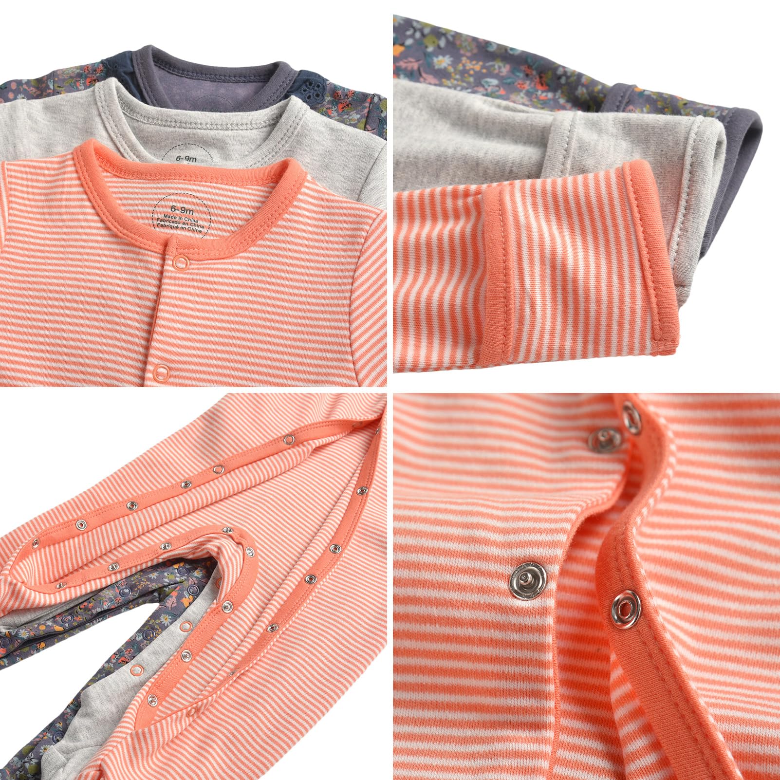 amropi Bebé Niñas Niños Mono Peleles Algodón Pijama Mameluco de Manga Larga Pack de 3 por 0-12 Meses