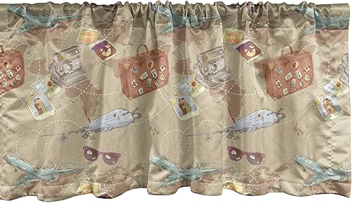 Miniatura 3 de Ambesonne Cenefa de ventana de viaje, patrón repetido con cámara de bolsa de avión y mapa del mundo, estampado de estilo retro vintage, cenefa de