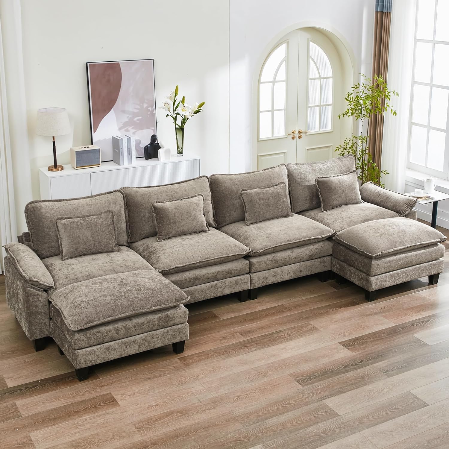 URRED Oversized Modular Sectional Sofa, 157" U Shaped Modern Comfy Cloud Couch with Movable Ottoman & Pillows, Deep Seat Couches for Living Room, Bedroom or Apartment (Chenille Khaki, 157" U Shaped) | Comfort, Softness, Multiple Cushion, Skin-Friendly, Ease Assembly