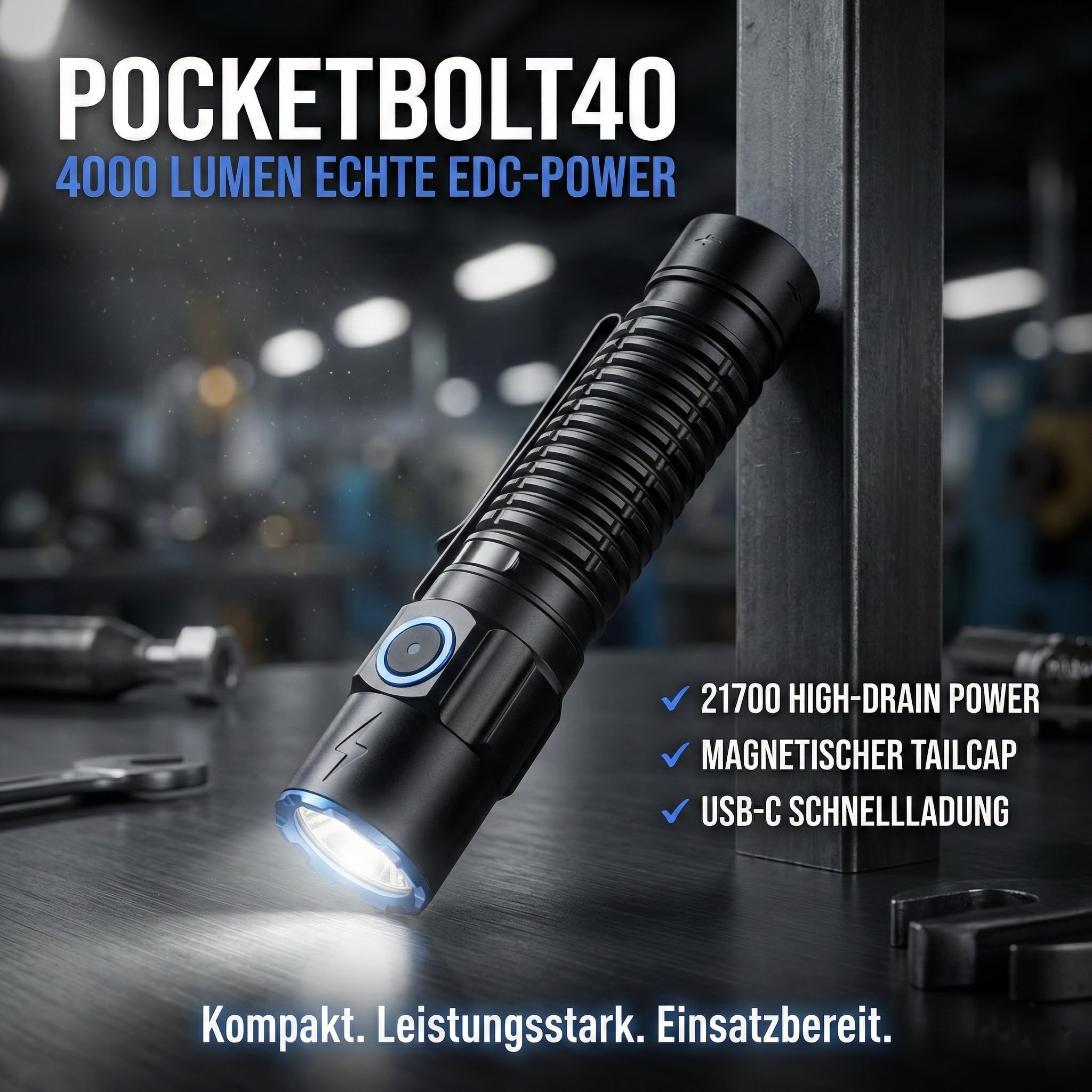PocketBolt40 LED Taschenlampe 4000 Lumen – 365 m Reichweite, 5000 mAh, USB-C wiederaufladbar, IP68 wasserdicht, kompakte EDC Taschenlampe für Outdoor, Auto & Notfälle