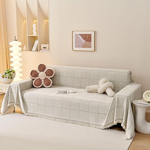 DREAMINGO Funda de sofá de felpilla a cuadros para sofá de 3 cojines, funda de sofá beige para perros y mascotas, protector de muebles seccionales,