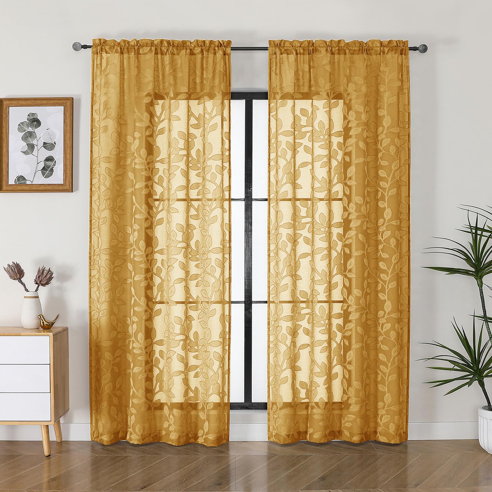 OVZME Gold Sheer Curtains 72 inches Long 2 Panels for Living Room, Jacquard Clip Leaf Pattern Textured Light Filtering Window Semi Sheer Voile Drapes for Bedroom, Each Panel 42 x 72 Inch