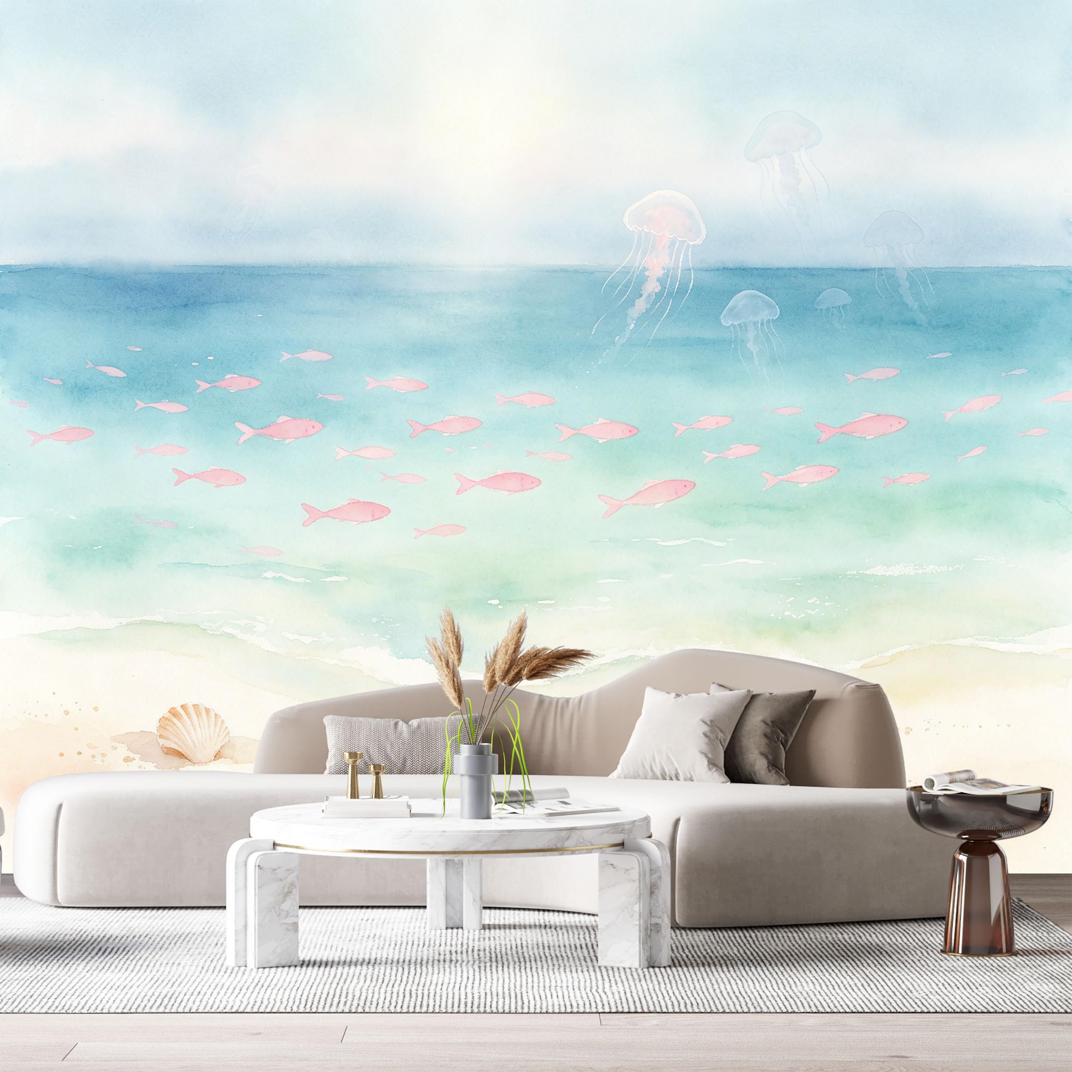 Custom Size Wall Murals Ocean Marine Watercolor Jellyfish Small Fish Coastal SelfAdhesiveWall Fabric Removable Wallpaper Wall Decor for Living Room Bedroom Bathroom