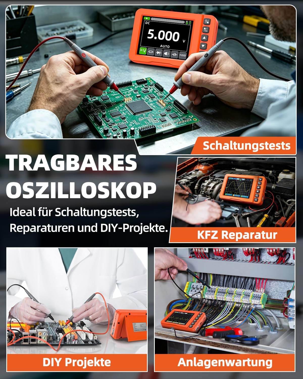 Handheld Oszilloskop 3 IN 1, 15MHz 60MS/s Digitales Oszilloskop Multimeter mit Signalgenerator, Tragbares Oscilloscope mit AC/DC-Spannung, Kapazität, Widerstand, Diodentest für Audio Elektronik