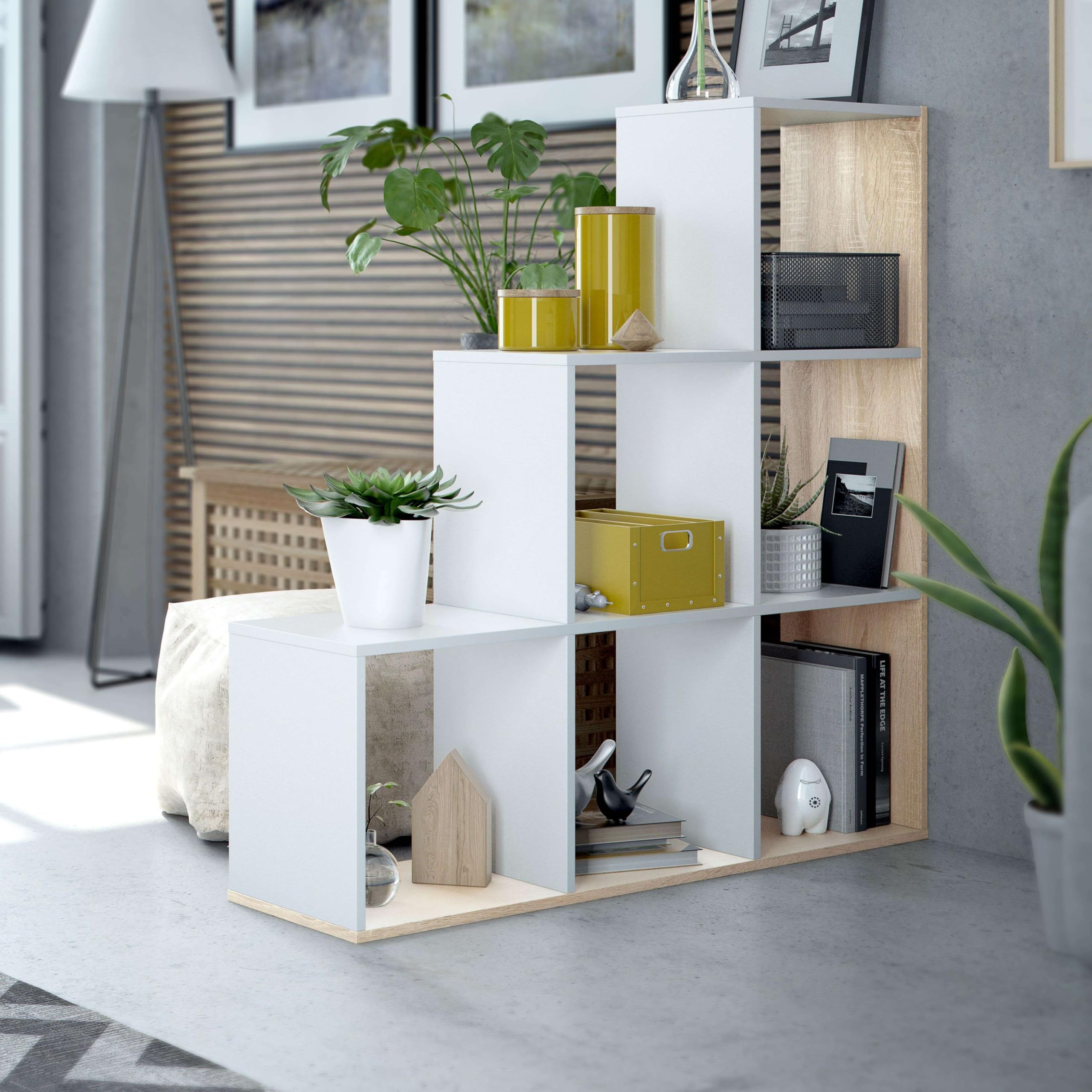 Habitdesign Libreria, soggiorno, sala da pranzo, ufficio, modello Lua, finitura bianca Artik e Rovere Canadian, dimensioni: 110 cm (altezza) x 108 cm (larghezza) x 28 cm (fondo)