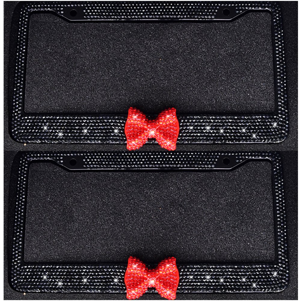 Bling Bling License Plate Frames -8 Row Pure Handmade Waterproof Glitter Rhinestones Crystal License Frames plate for Cars with 2 Holes with Screws Caps Set (2-Pack Red Bow)