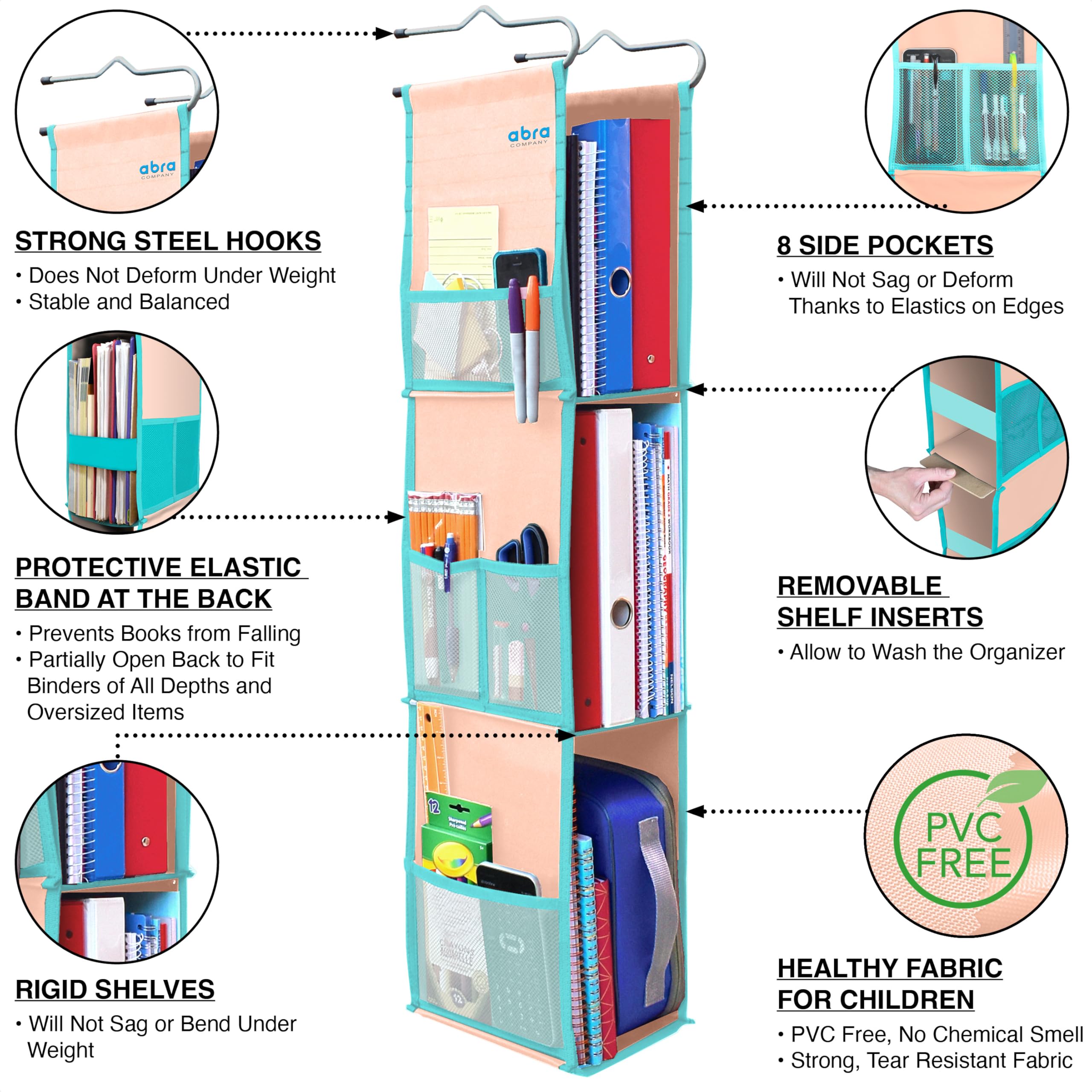 ABRA® Organizador de casillero colgante de 3 estantes para escuela, gimnasio, trabajo, almacenamiento, estantes profundos de 6.5 x 9 pulgadas, tela ecológica saludable para niños, estante ajustable de