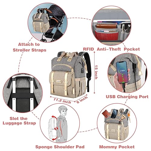 Miniatura 6 de Jiefeike Mochila para pañales para niñas, mochila de viaje para papá, mamá, bebé, niños, bolsillos aislados, bolsas de pañales portátiles con puerto