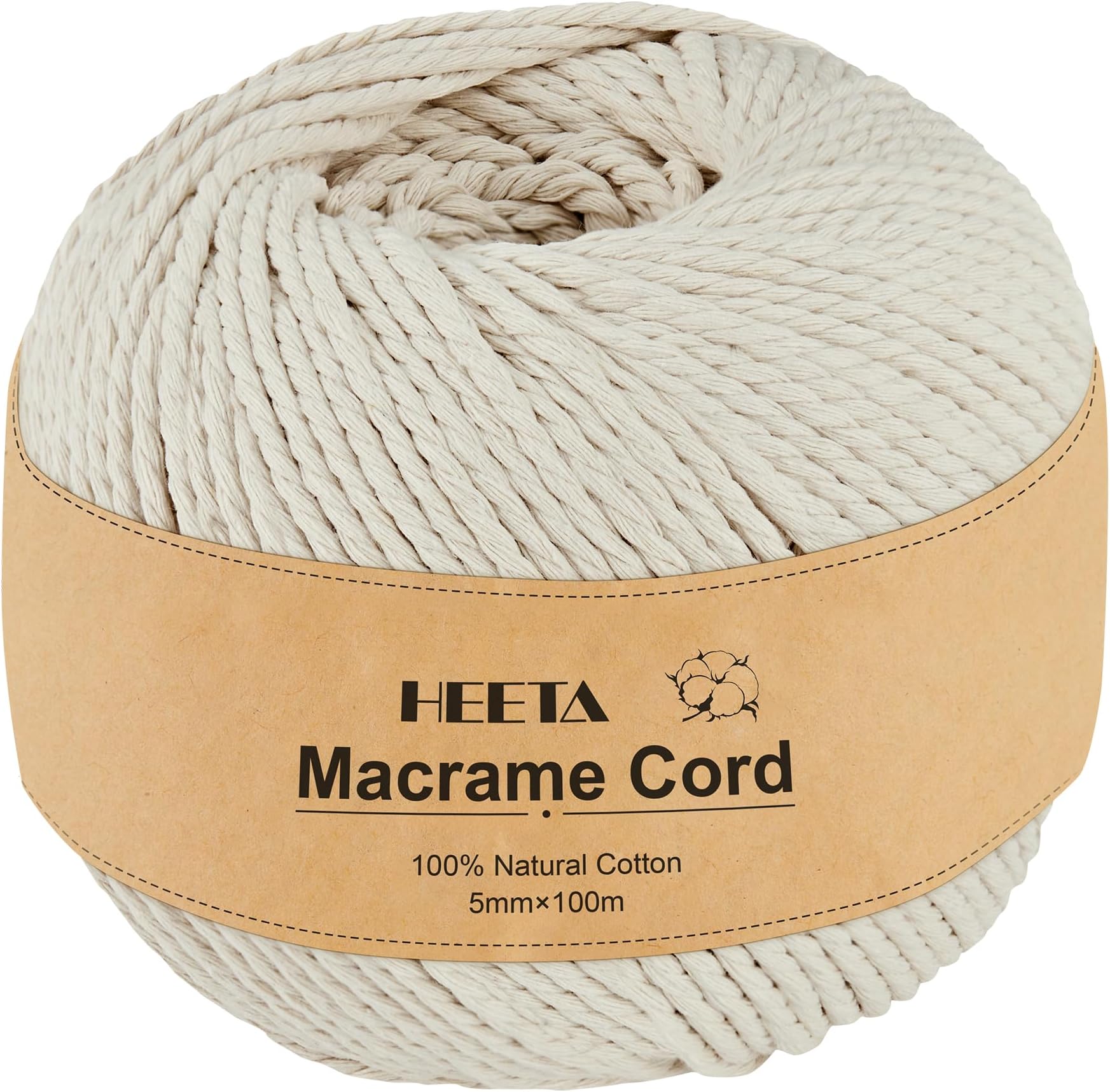HEETAMacrame Cord, 5mm x 100m Soft Macrame Rope Natural Cotton String for Crafts Sturdy Eco-friendly 3 Strands Twisted Cotton String for Beginners DIY Home Decor