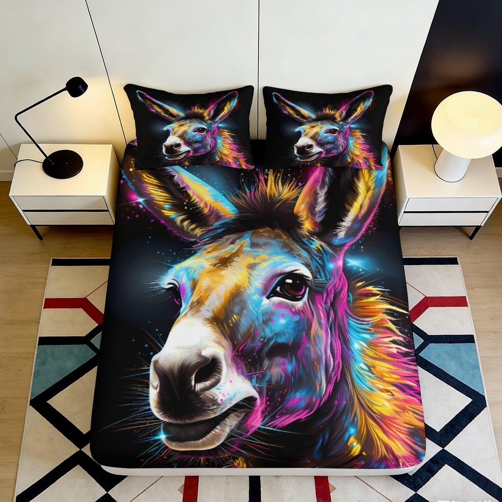 3D Printed Colorful Donkey Fitted Sheet Microfiber Soft Anti-Slip Mattress Cover for Bedroom Dorm Bed Decor 180x200x25cm