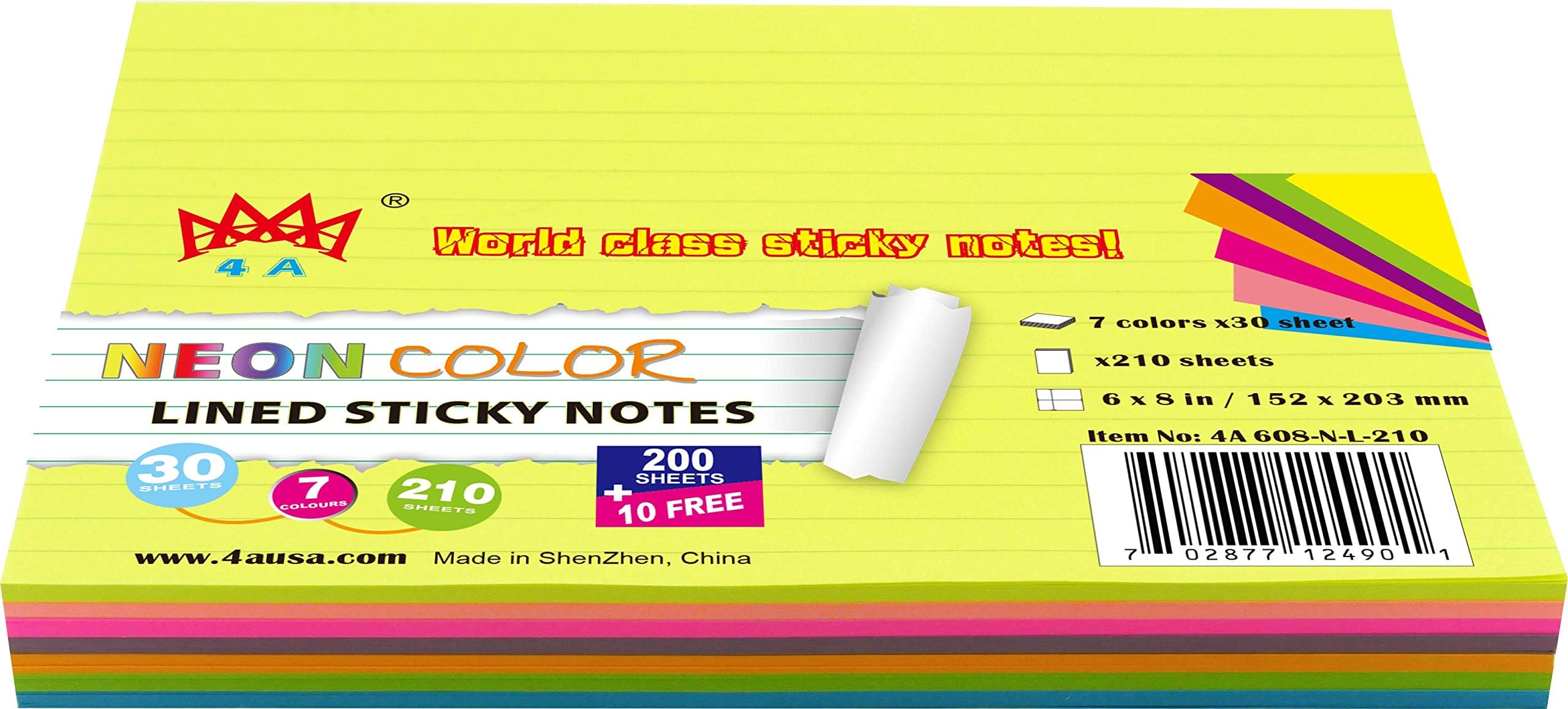 4A Sticky Notes, 6 x 8 Inches, 7 Neon color Assorted, Lined, Self-Stick Notes, 210 Sheets/Pad, 1Pad/Pack, 4A 608-N-L-210