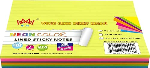 4A Notas adhesivas, 6 x 8 pulgadas, 7 colores neón surtidos, forradas, notas autoadhesivas, 210 hojasbloc, 1 blocpaquete, 4A 608-N-L-210