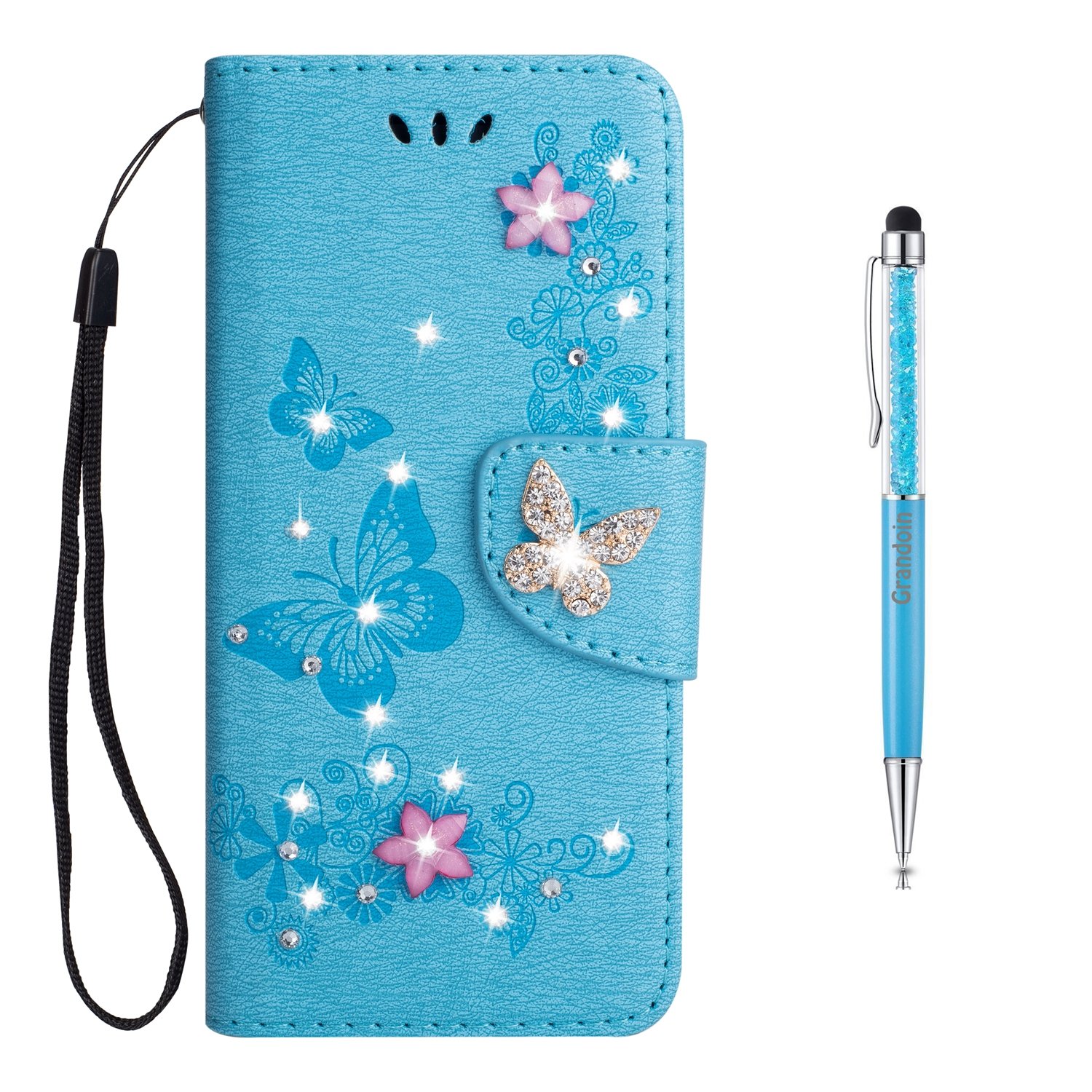 Grandoin Galaxy S9 Plus Case, Floral Bling Sparkly Diamonds Gems Butterfly Pattern Design Premium PU Leather Magnetic Flip Cover with Card Slots Case For Samsung Galaxy S9 Plus (Blue)