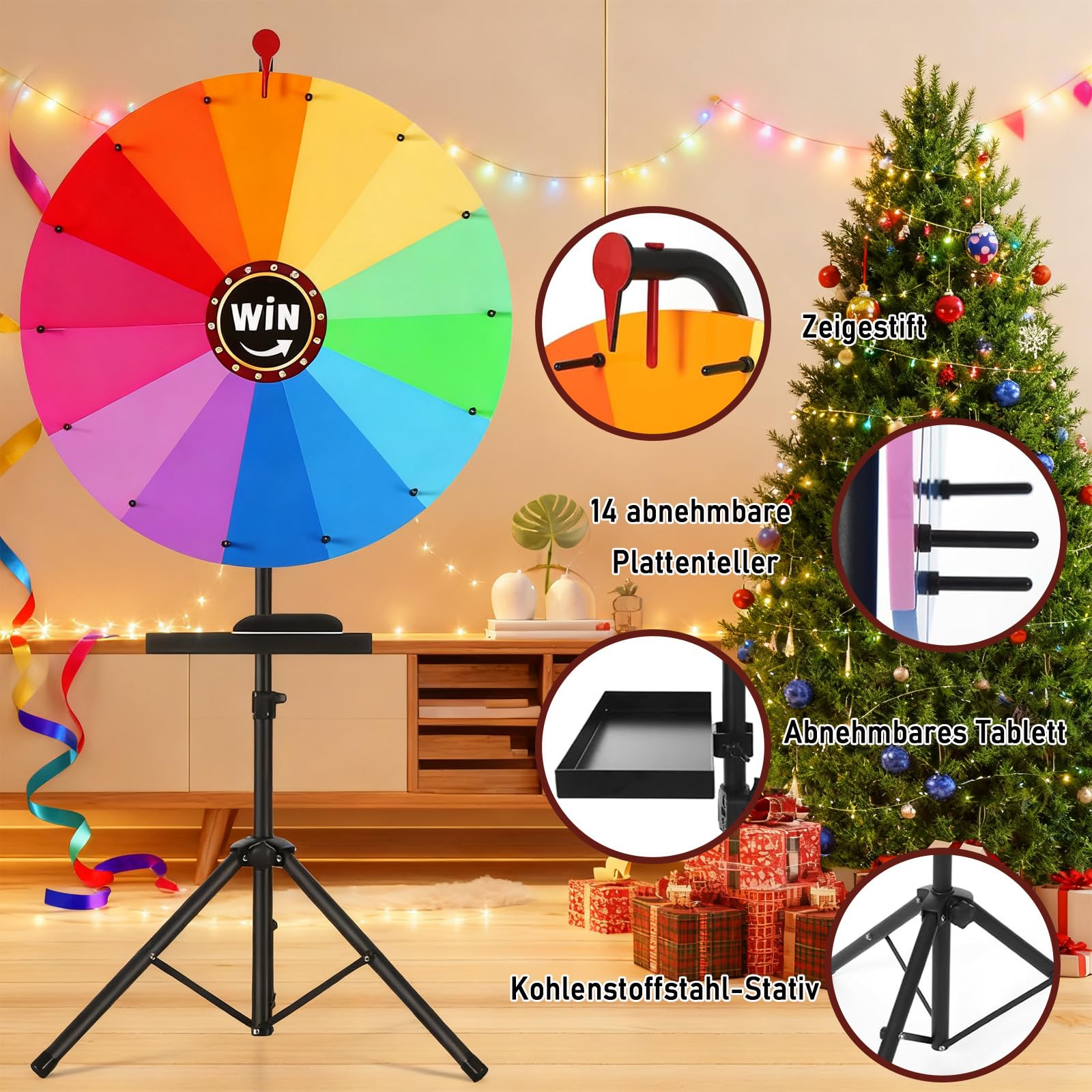 Roue porte-bonheur de 60 cm de diamètre - Roue de bonheur - Hauteur réglable de 90 à 150 cm - Jeux - Plateau rotatif amovible - Grande roue à tourner - Avec porte-stylo - Outils d'écriture