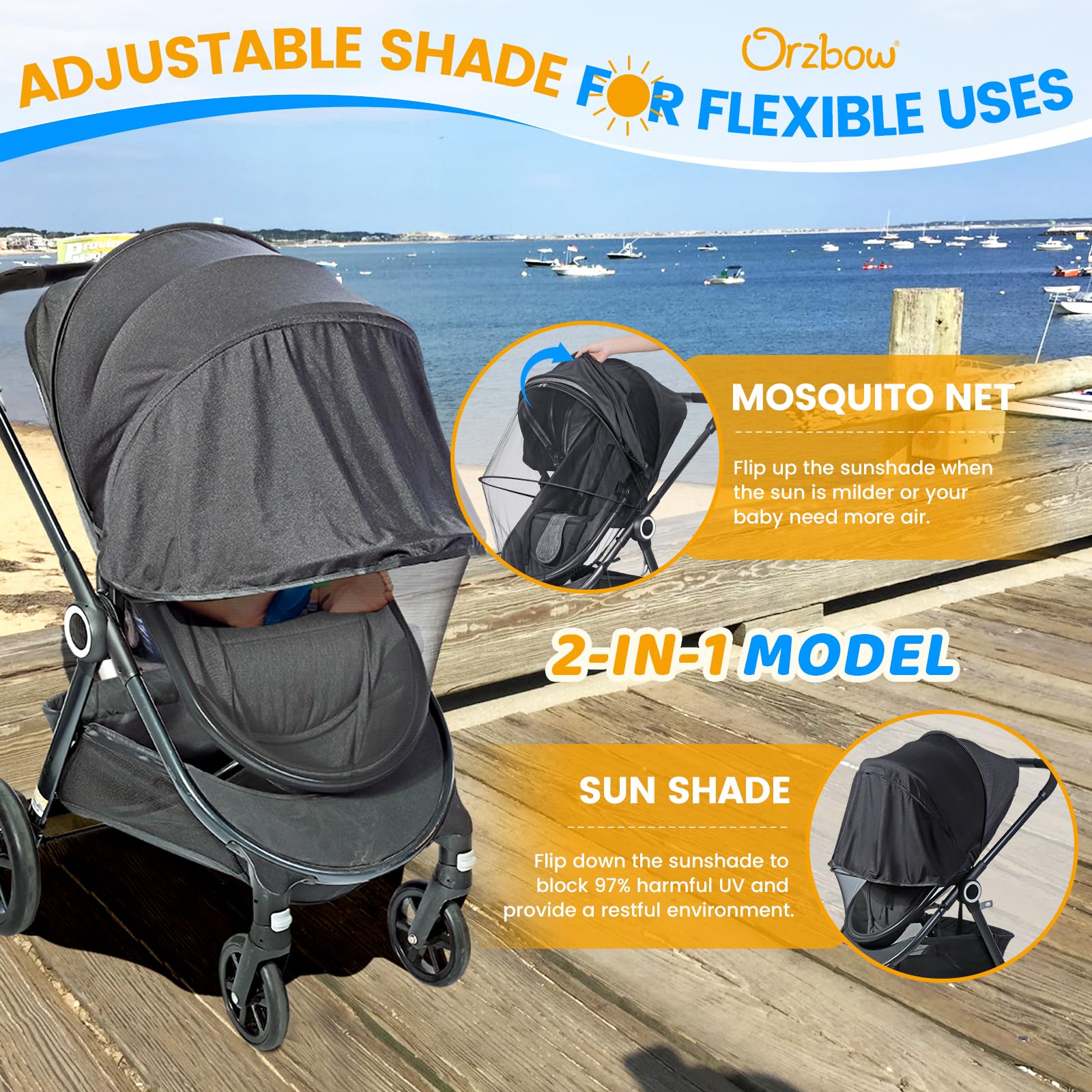 Orzbow Baby Mosquito Net with Sun Shade UPF50+ for Stroller, Universal Stroller Mosquito Netting Privacy Cover with Two-Way Zipper and Storage Bag for Car Seats, Bassinets, Cradles, Mini Cribs, Black - 3