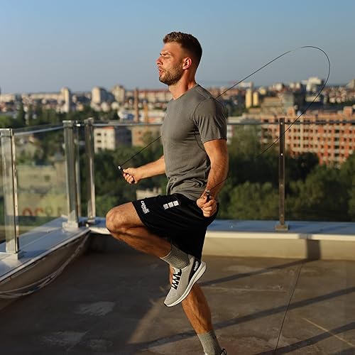 Miniatura 7 de Capelli Sport Cuerda de saltar para ejercicio, cuerda de saltar para entrenamiento cardiovascular de velocidad, asas de metal, negro, 9 pies