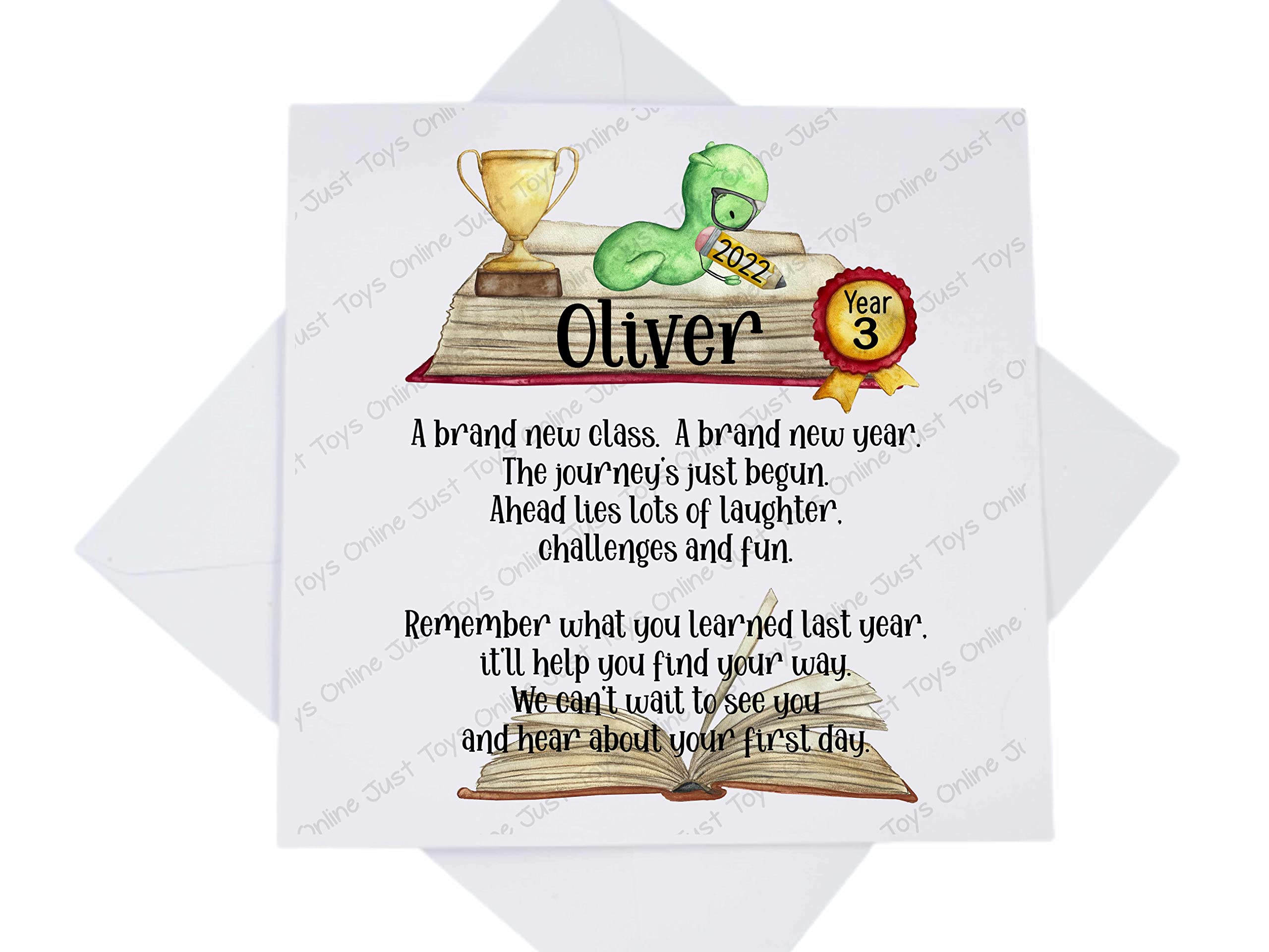 Personalised Custom Back to School Card, New Class Good Luck Card, New School Year Card, Son Daughter Grandson Granddaughter, Good Luck Card, Bookworm Poem Verse (New Class - Personalised)
