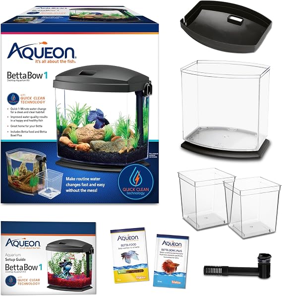 Aqueon BettaBow with Quick Clean Technology Aquarium Kit, Freshwater, Betta Fish, 1-Gallon, Black