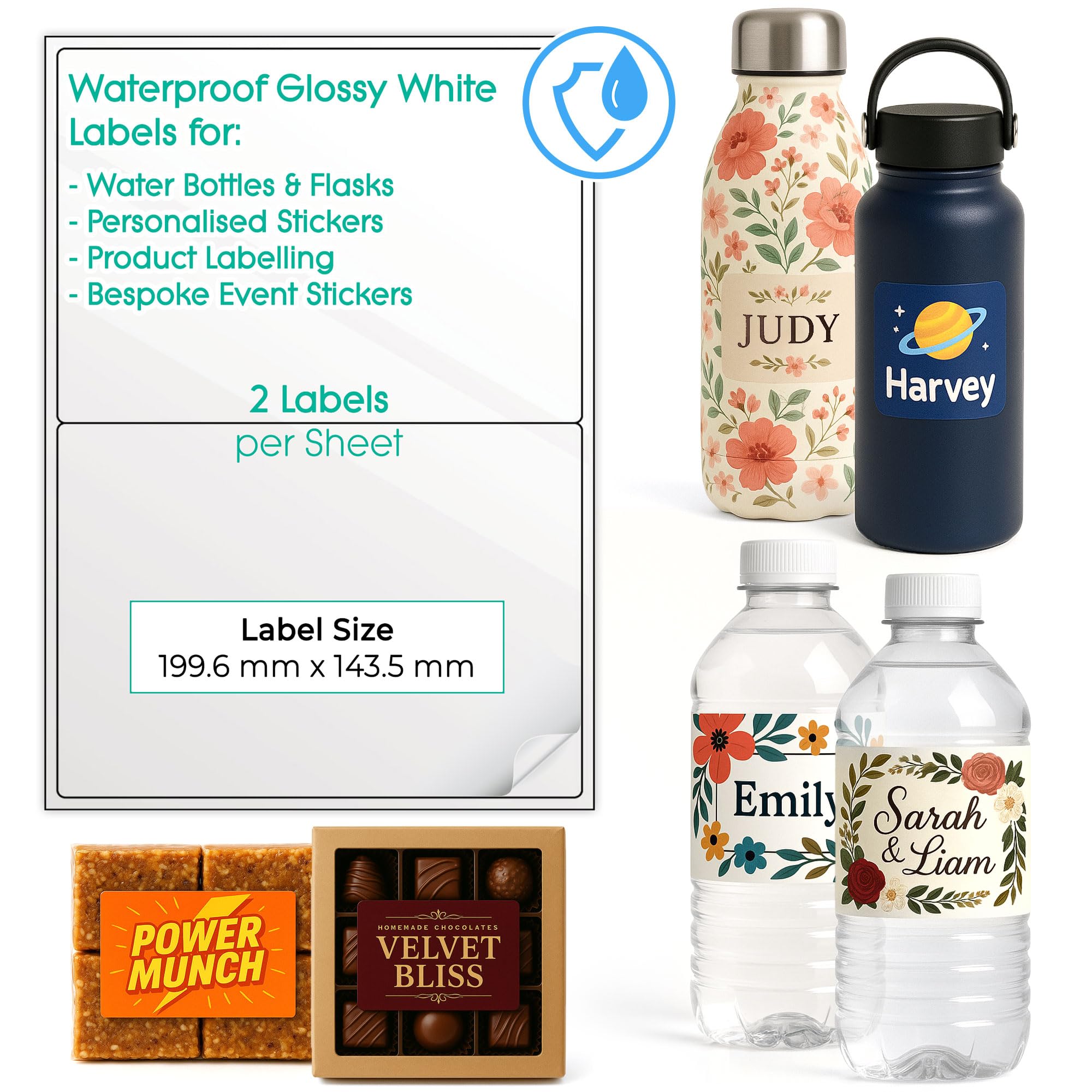 20 Waterproof Printable Labels for Water Bottles (Glossy White, 1 x 2 (2 per Sheet)) – Custom Design Stickers for Small Business – Multiple Sizes Self Adhesive A4 Sheets – Inkjet & Laser Printable