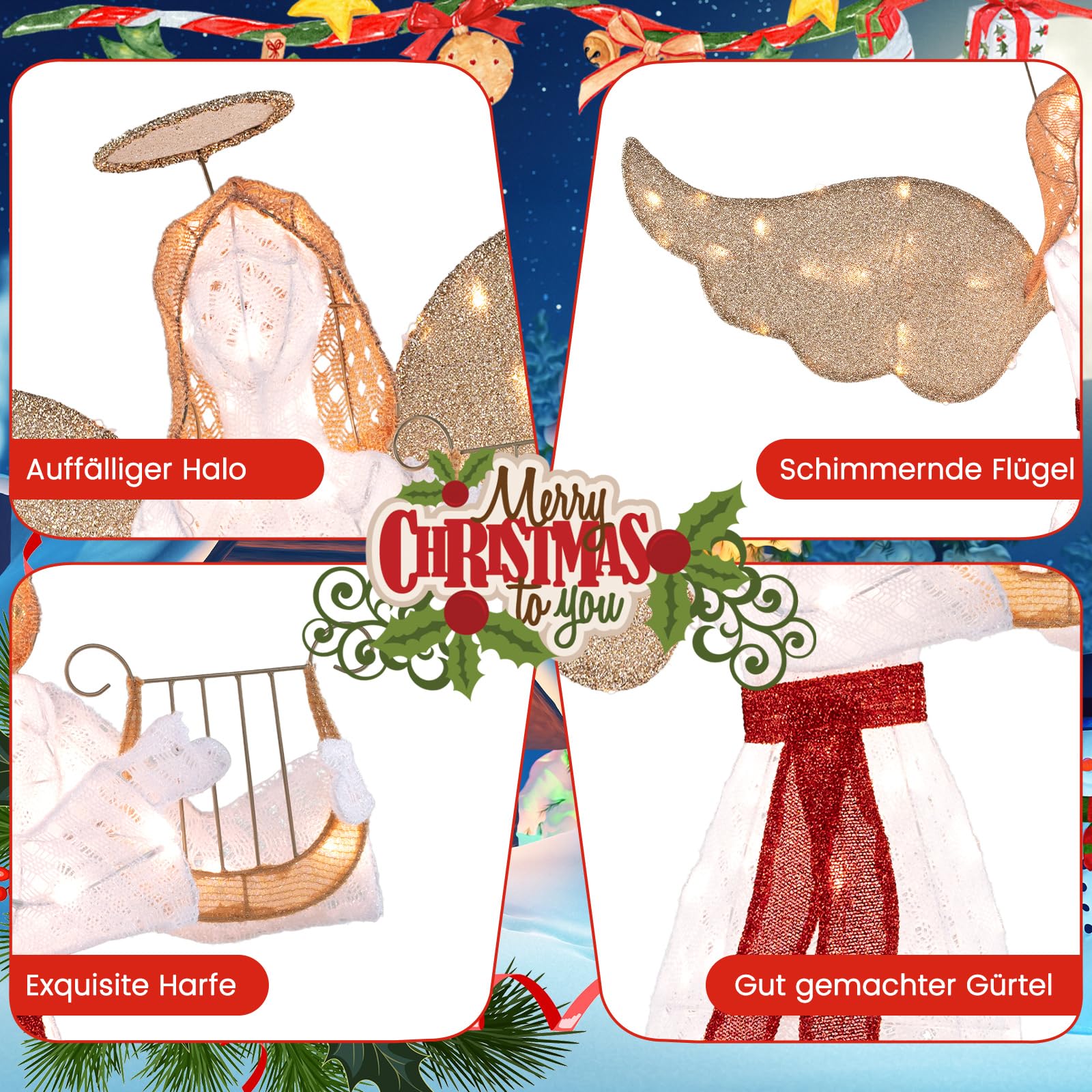 GOPLUS 150cm großer LED Engel mit Harfe, beleuchteter Weihnachtsengel warmweiß mit 120 LED-Lichtern, Weihnachtsbeleuchtung Figur Engel für Außen Innen Weihnachten Dekoration