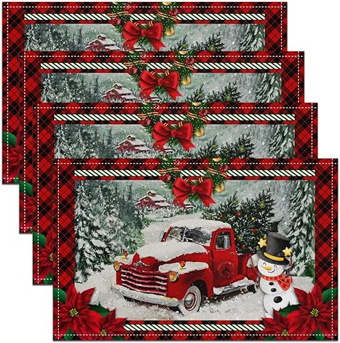 Juego de 4 manteles individuales temáticos navideños de 12 x 18 pulgadas, diseño de camión rojo, muñeco de nieve, pino, tapete de cocina para mesa