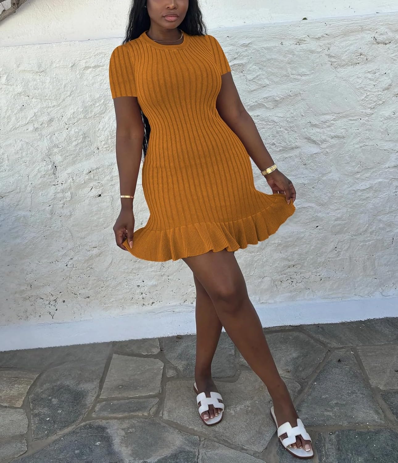 Nimsruc Womens Summer Dresses Short Sleeves Crew Neck Casual Bodycon Mini Dress with Ruffle Hem - Image 3