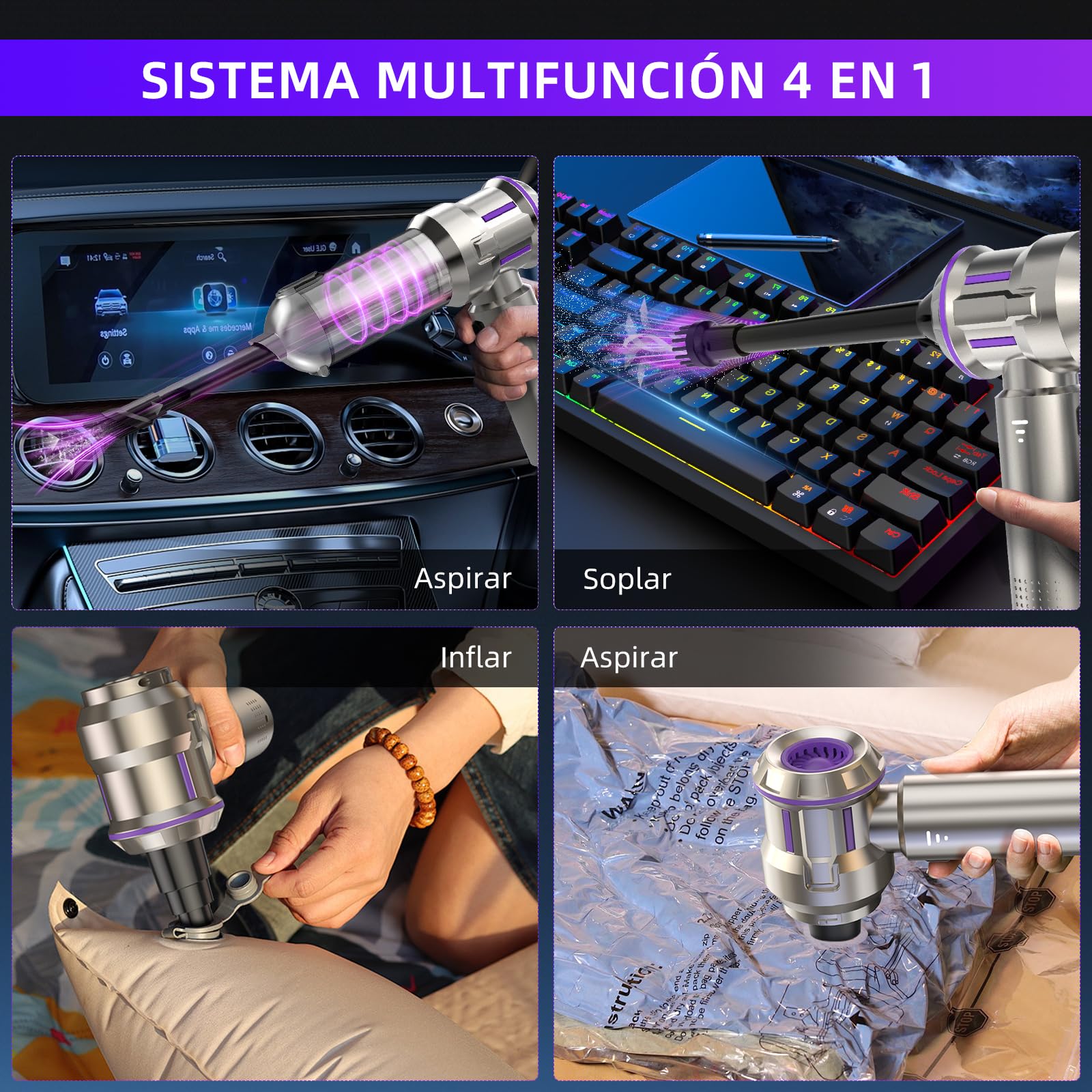 Aspirador de Mano, 25000Pa Aspiradora sin Cable Coche, Descarga de Polvo Automática con un Toque & 4 en 1 aspirador coche con Motor sin Escobillas, 3 Niveles, Ideal para Pelo de Mascotas, Coche, Hogar - 5