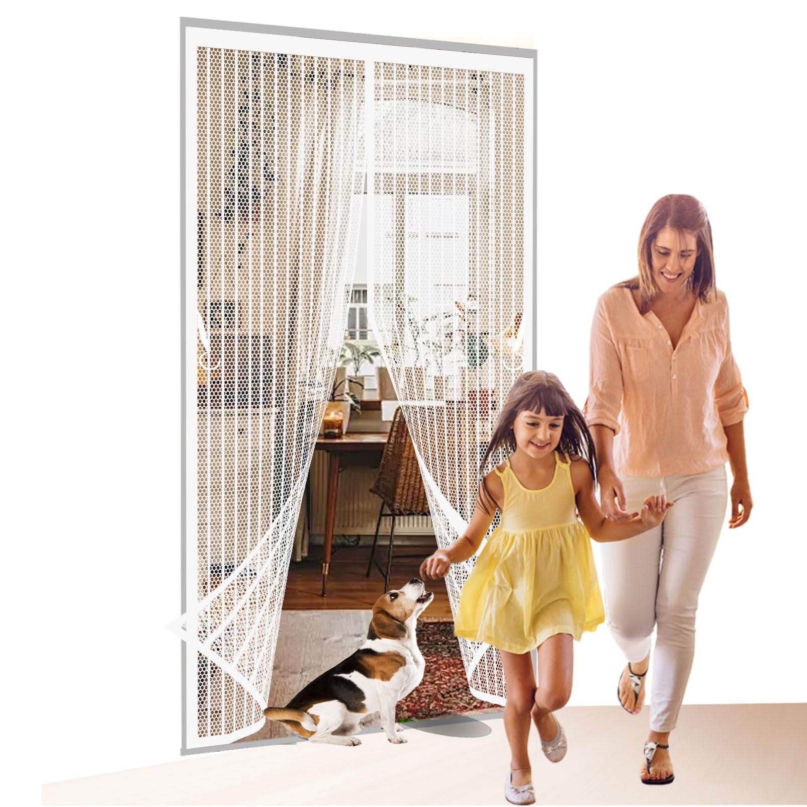 Magnetic Screen Door 142 x 176 cm with Magnets, Magic Tapes, Polyester Mesh Fly Curtain, Insect Protection Door Without Drilling, Heavy Duty for Patio Doors Bedroom, White