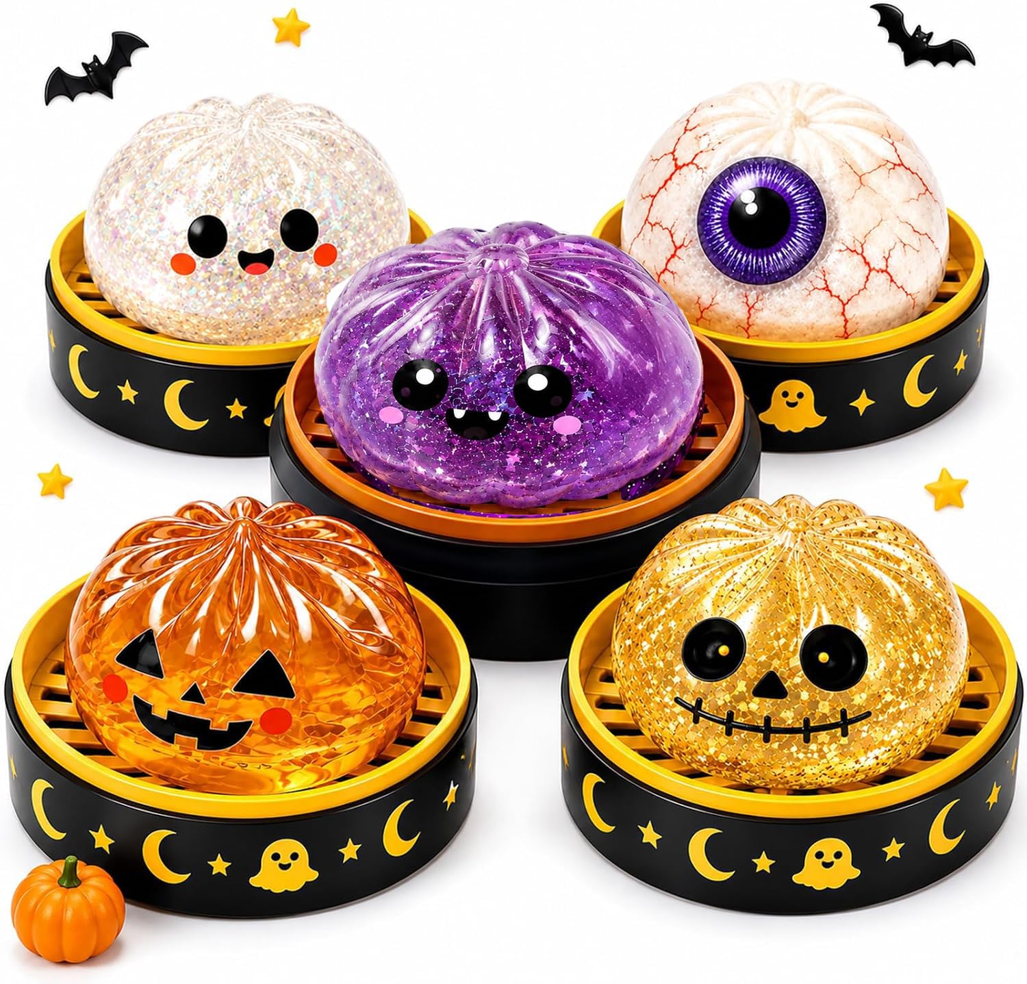 Giant Glitter Bun Squishys Toy, Stress Relief Bao Bun Squishys Squeeze Toy with Steamer, Fun Soft Squeeze Stress Ball Sensory Fidget Toys for Kids & Adults Party Favours Birthday Gifts (5pcs)
