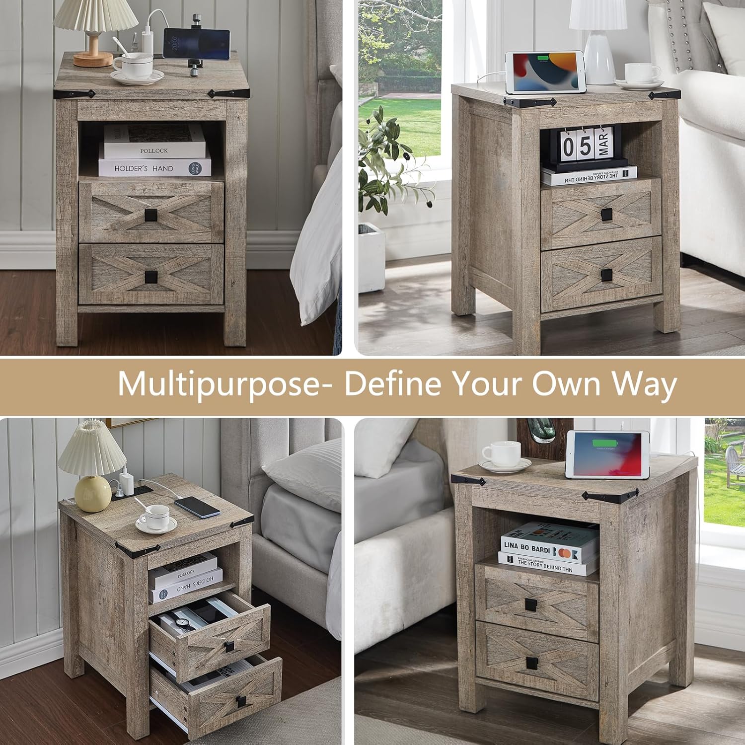 Gray Farmhouse Nightstand with Charging Station and Storage
