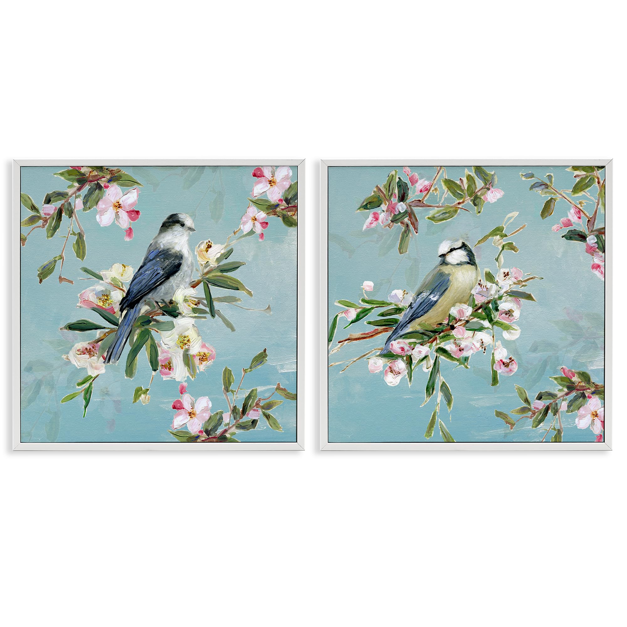 Stupell Industries Coastal White (Textured) 'Songbirds Among Spring Blossoms', 2Pc Framed Giclee Art Set 2, White, 24 X 24 Inches, Easy To Hang And Sturdy, Made In Usa, By Sally Swatland
