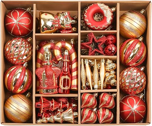 SHareconn Juego de 70 adornos clásicos de bolas de Navidad 2025, bolas de plástico inastillables, cinta y adorno para árbol de Navidad, vacaciones,