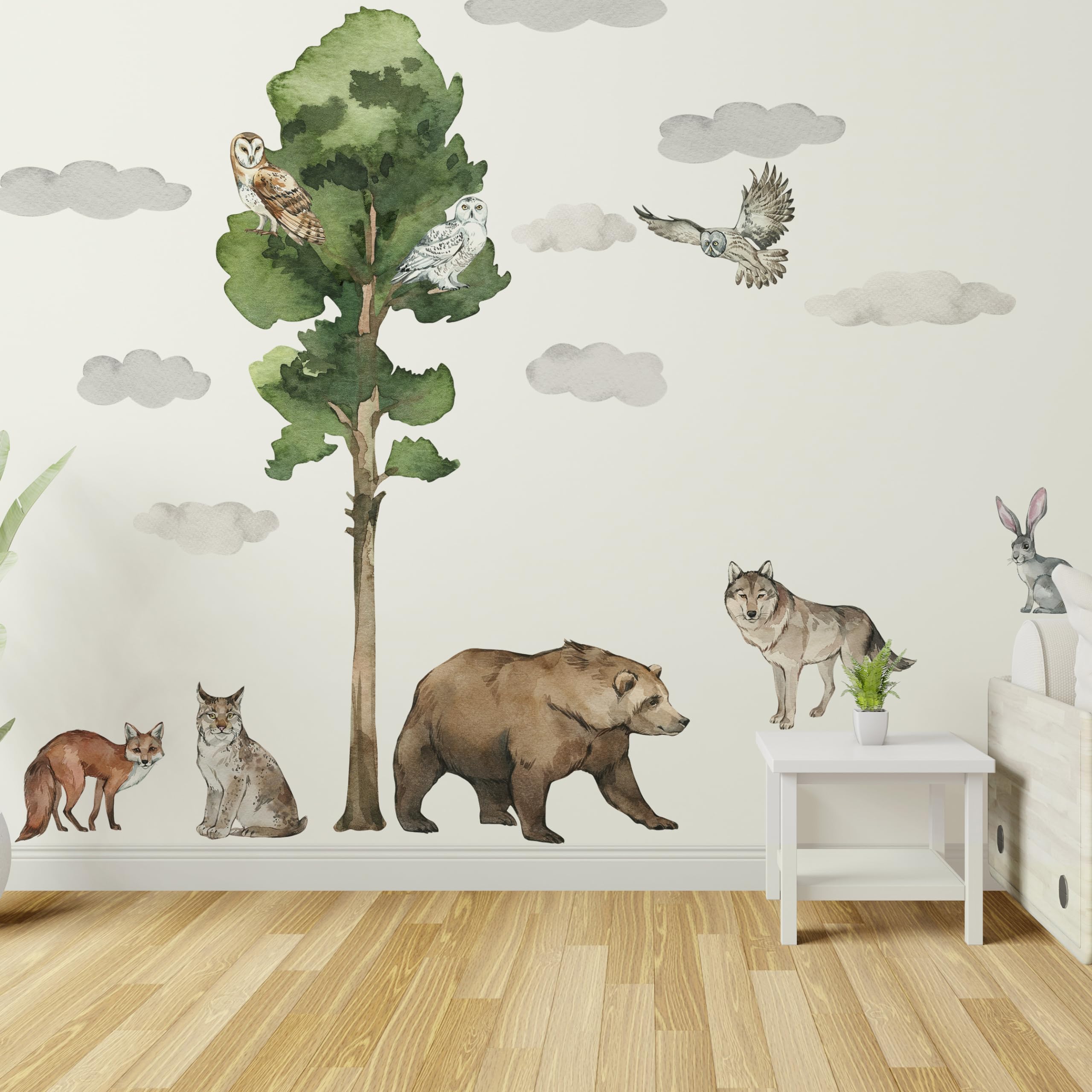 Waldtiere große Wandtattoo, Wandtattoo Hirsch, Wandtattoo Kinder, wilde Aquarell Tiere