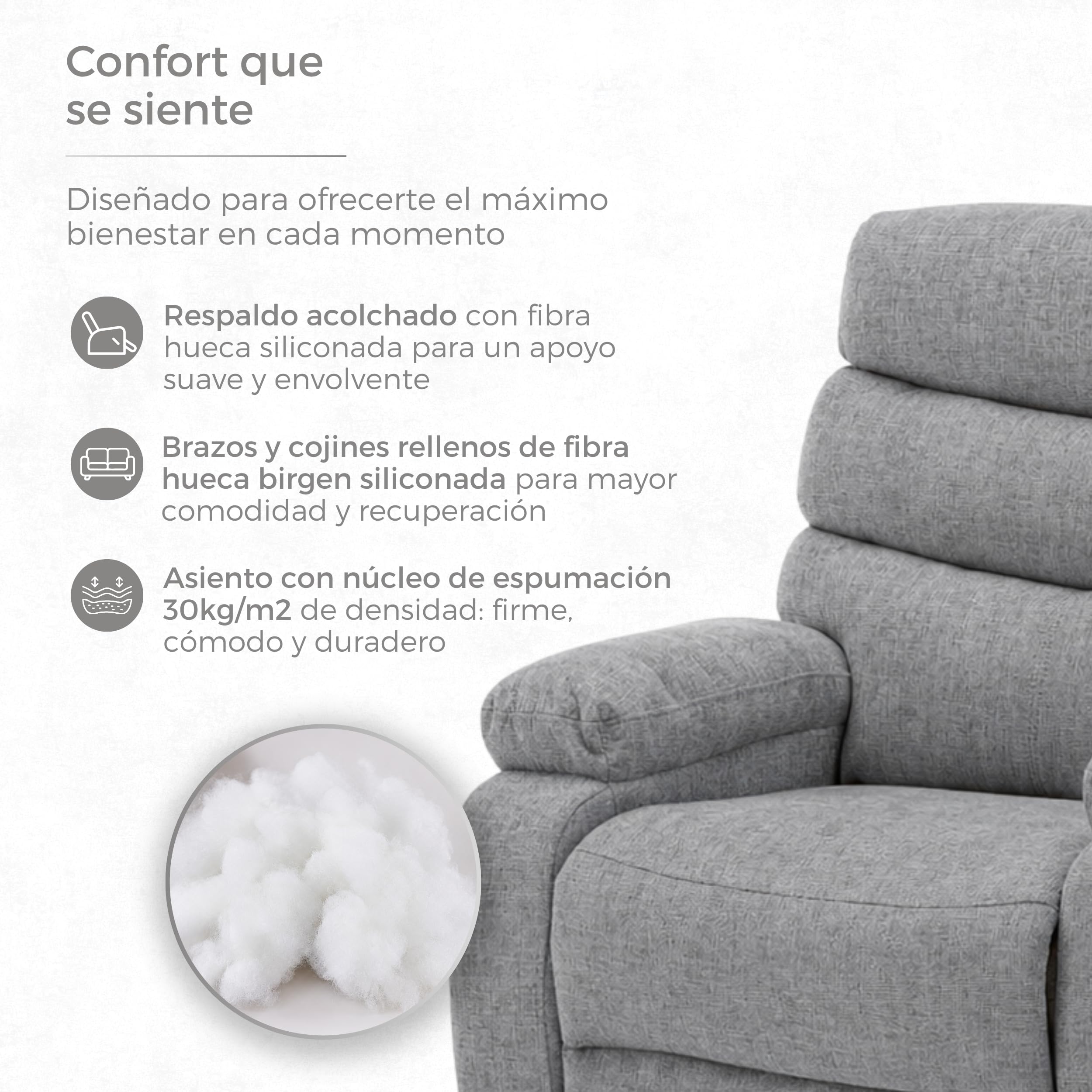 DESCANSIN - Sillon Relax Reclinable Manual con Palanca | Tapizado Tela Suave Antimanchas | Sillón Relax Asiento Firme y Respaldo Mullido | para 1 Persona | Relleno Resistente y Adaptable (Gris Claro)