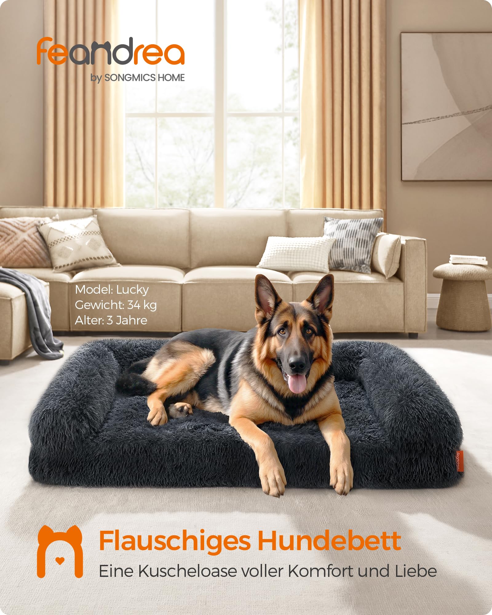 Feandrea FluffyHug Hundebett, Hundekissen Größe XXL, Hundematte für große Hunde, Hundesofa Noppenschaumstoff, Bezug abnehmbar und waschbar, 122 x 85 x 16 cm, dunkelgrau PGW234G02V1