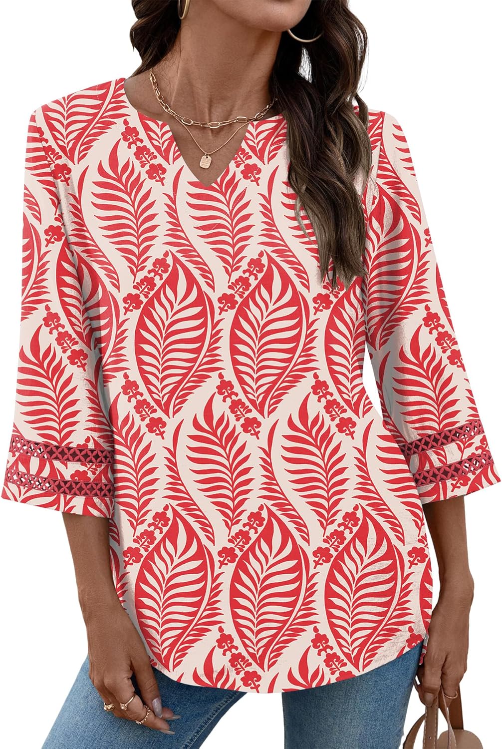 Lomon Womens 3/4 Sleeve V Neck Bohemian Blouses Casual Loose Fit Tunic Tops Vacation Clothes - Image 2