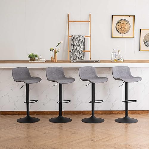 Miniatura 9 de YOUTASTE Juego de 2 taburetes de bar de tela gris, modernos taburetes tapizados de altura de mostrador, taburete de bar giratorio ajustable con