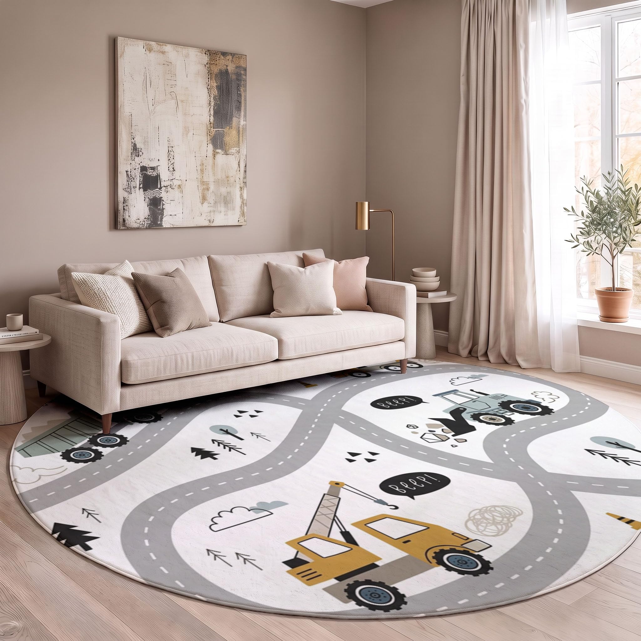 Tappeto Rotondo 180cm Mappa stradale del vento Pelo Corto | Tappeti Grigio Chiaro Flanelle Morbido - Tappeto Corsia per veicoli da cantiere Decorativi per Cameretta Camera da Letto