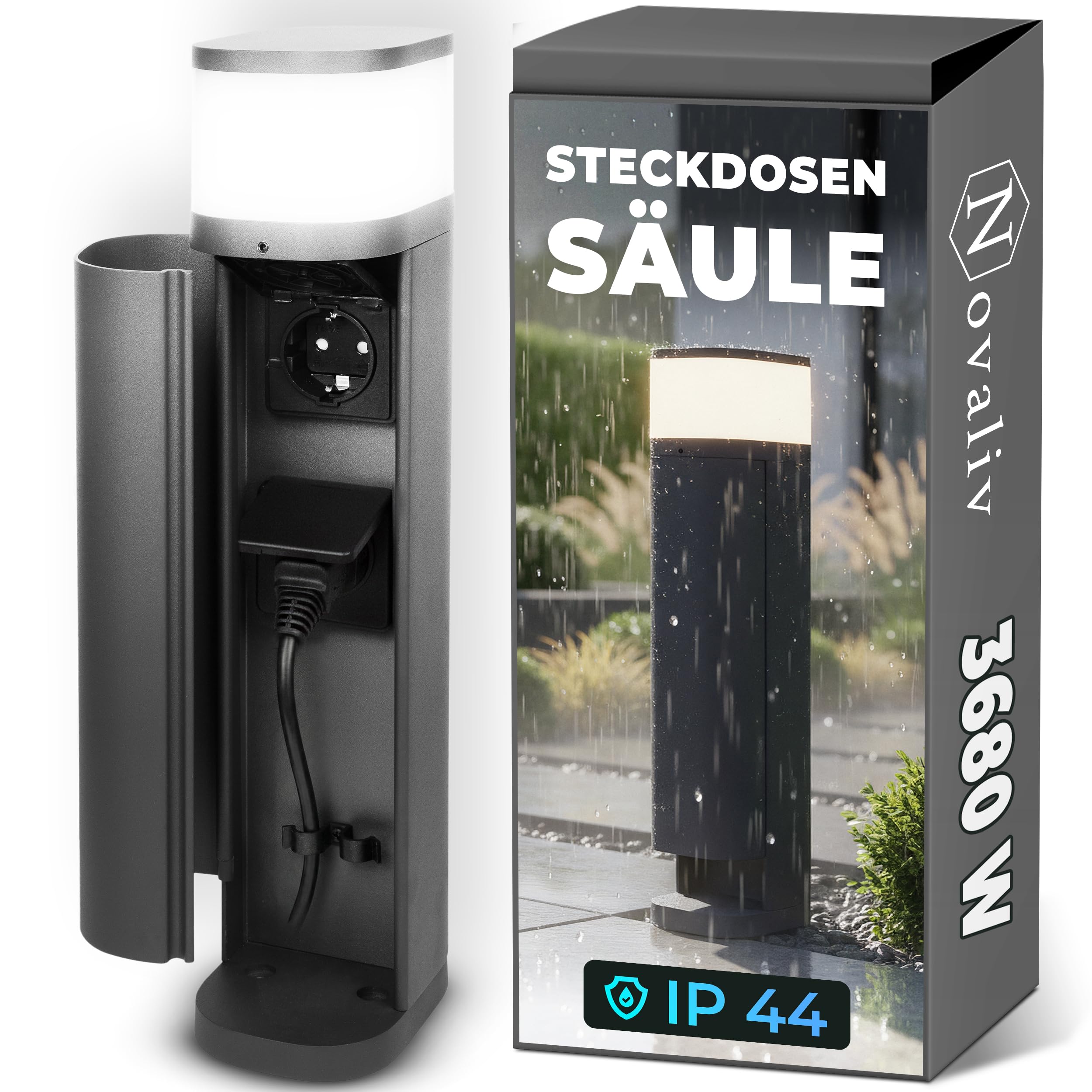 Novatool Lampada con presa radio a 2 scomparti, colore antracite, rotonda, con apertura SMART WiFi, app IP44, presa esterna da giardino, per esterni, colonna da giardino, torre di presa elettrica