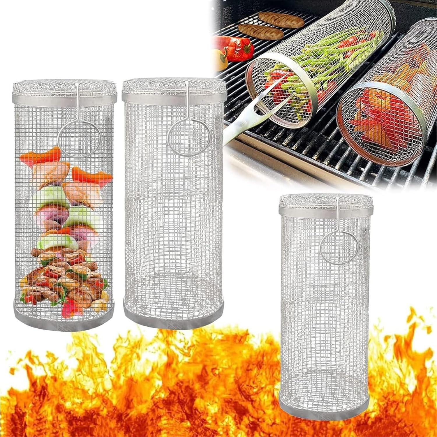 Grill Baskets， Round Stainless Steel Wire Mesh Greatest Grilling Basket Ever For French Fries Fish(3 Pcs,30X9X9cm)